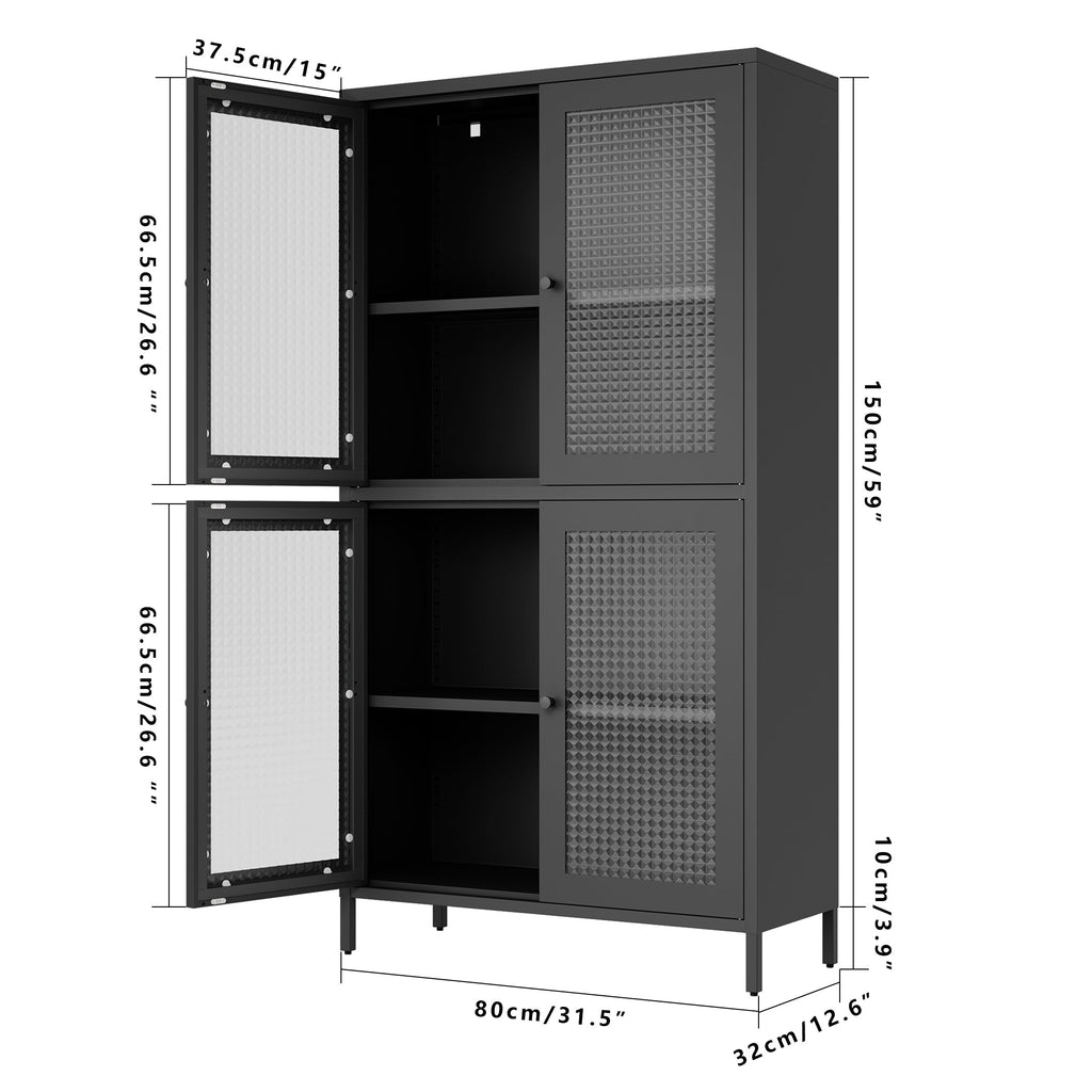Classic Metal Storage Cabinet Display Cabinet with 4 Glass Doors 4 Shelves Cabinet  Bookcase Side Cabinet for Home Office Living Room Kitchen Hallway - Black, Waffle Grids Tempered Glass