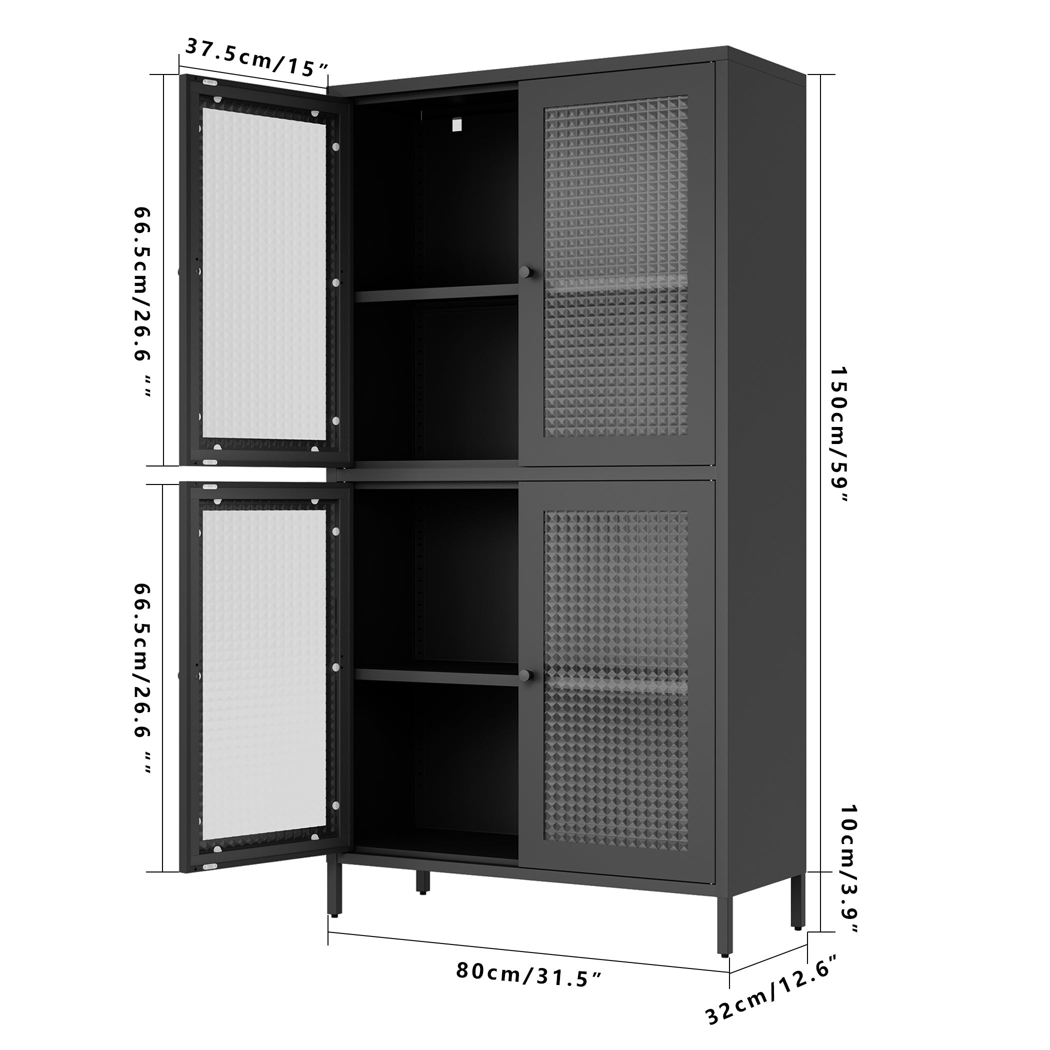 Classic Metal Storage Cabinet Display Cabinet with 4 Glass Doors 4 Shelves Cabinet  Bookcase Side Cabinet for Home Office Living Room Kitchen Hallway - Black, Waffle Grids Tempered Glass