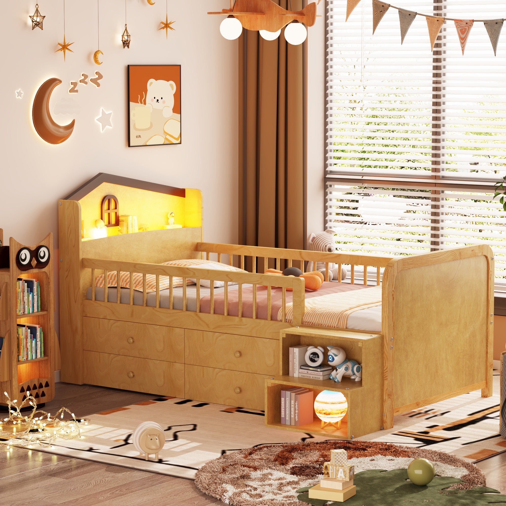 Low Loft Bed with LED Lights, Wooden Twin Loft Bed with House Shape Headboard, Kids Loft Bed with Storage Drawers, Natural (Expect Arrival Date 2025/1/20)