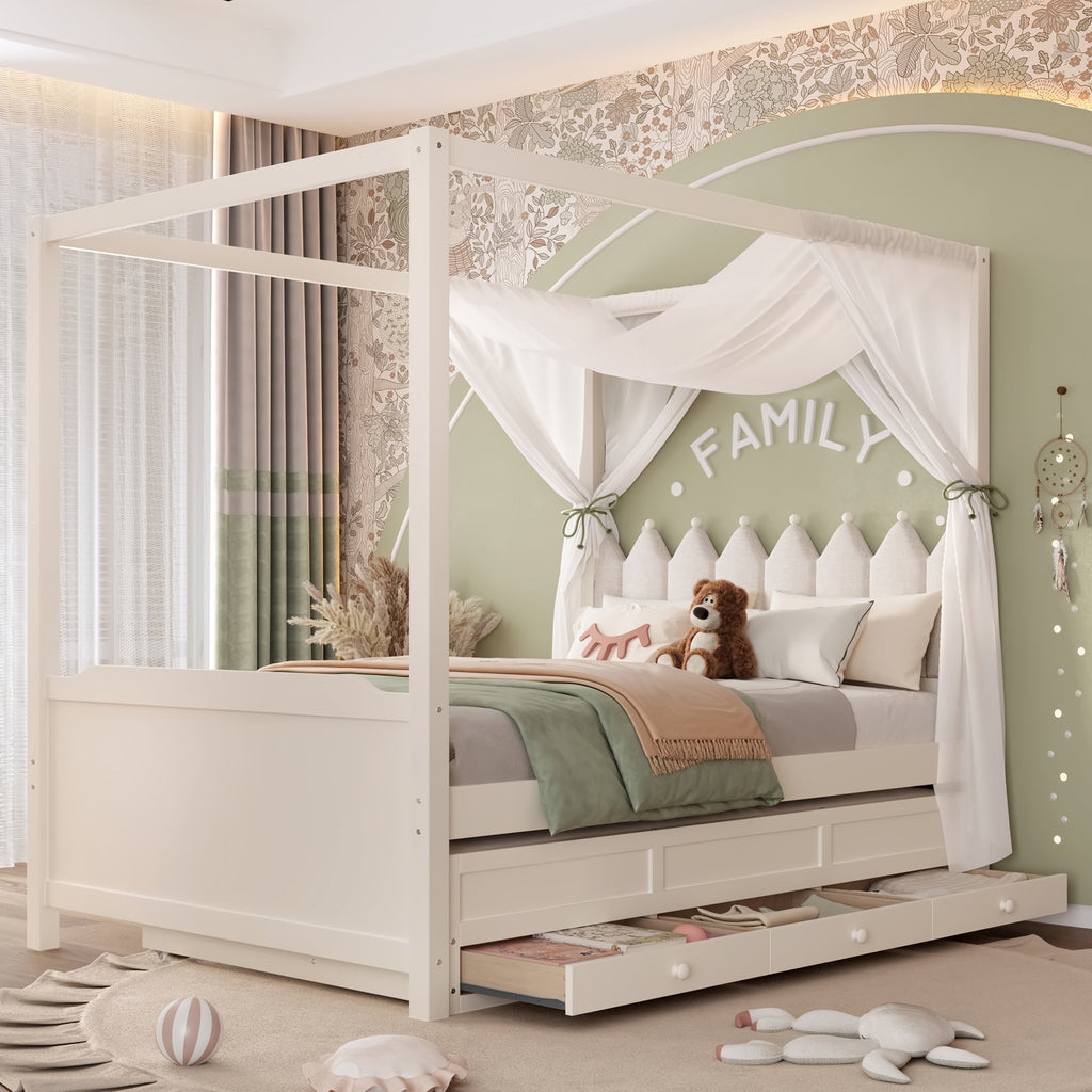 Full Platform Bed with Upholstered Headboard,Twin Size Trundle and 3 Drawers,Princess Canopy Bed Frame for Kids,Storage & Easy Assembly,Beige.