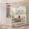 Full Platform Bed with Upholstered Headboard,Twin Size Trundle and 3 Drawers,Princess Canopy Bed Frame for Kids,Storage & Easy Assembly,Beige.