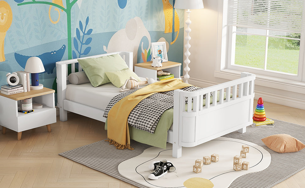 Twin Size Wood Platform Bed for Kids, Wood Low Profile Twin Bed with Rails for Girls and Boys, White (Patented Design)