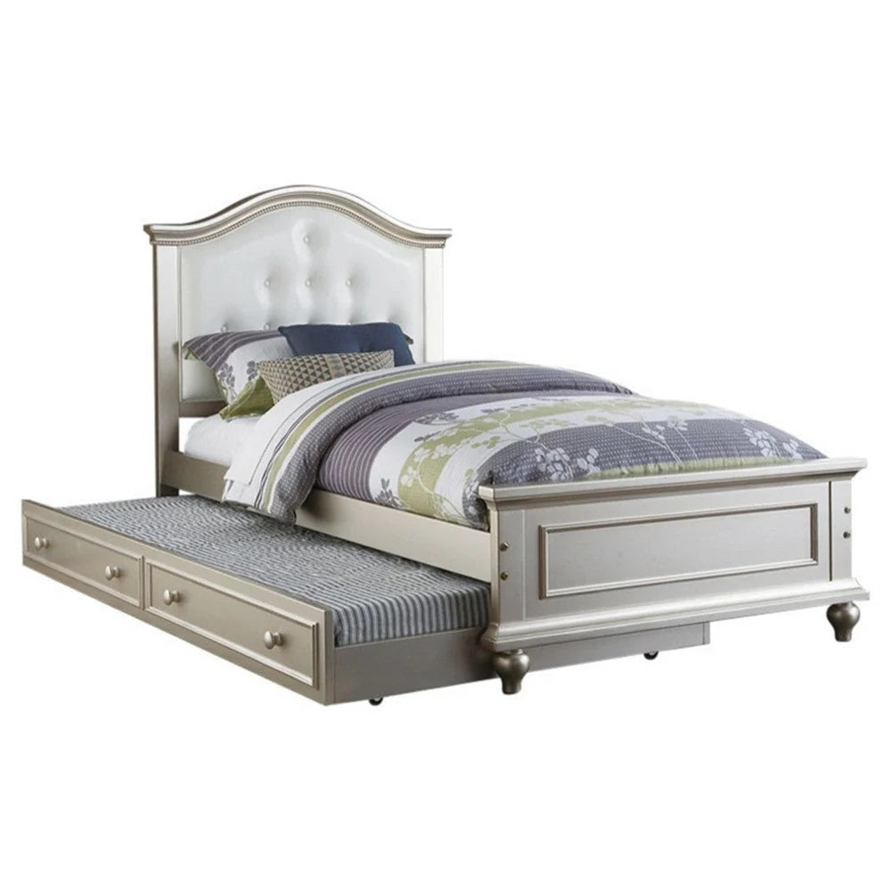 Contemporary Style Silver Twin Size Bed w/ Trundle Slats Pine Plywood Kids Youth Bedroom Furniture White Faux Leather Tufted HB