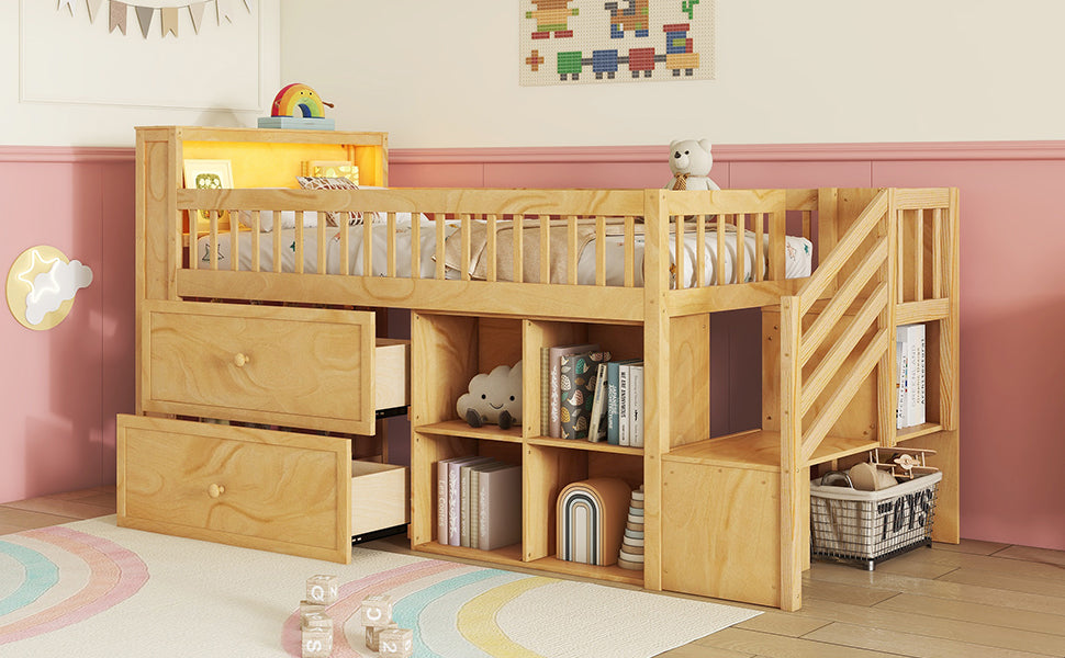 Twin Size Loft Bed with LED and Bookshelf, Wood Low Loft Bed with Stairs, Kids Twin Loft Bed with Storage Drawers and Shelves, Natural (Expect Arrival Date 2025/1/20)