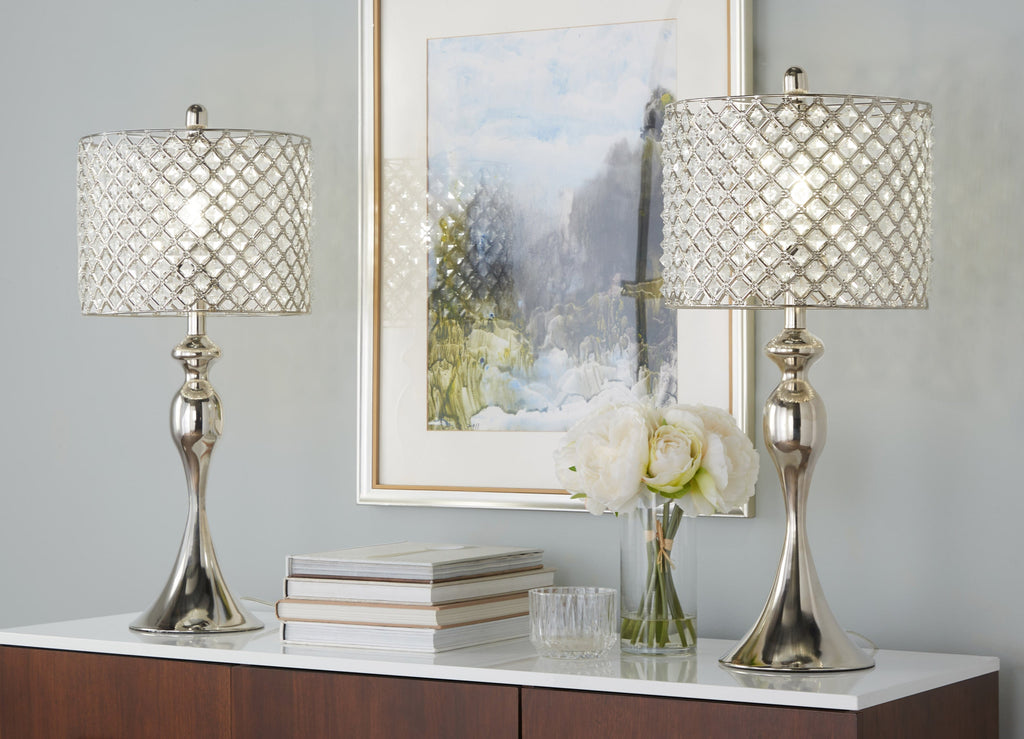Ashland 27' Contemporary Metal Table Lamp in Polished Nickel with Square Clear K9 Crystal and Polished Nickel Shade from Grandview Gallery by LumiSource - Set of 2