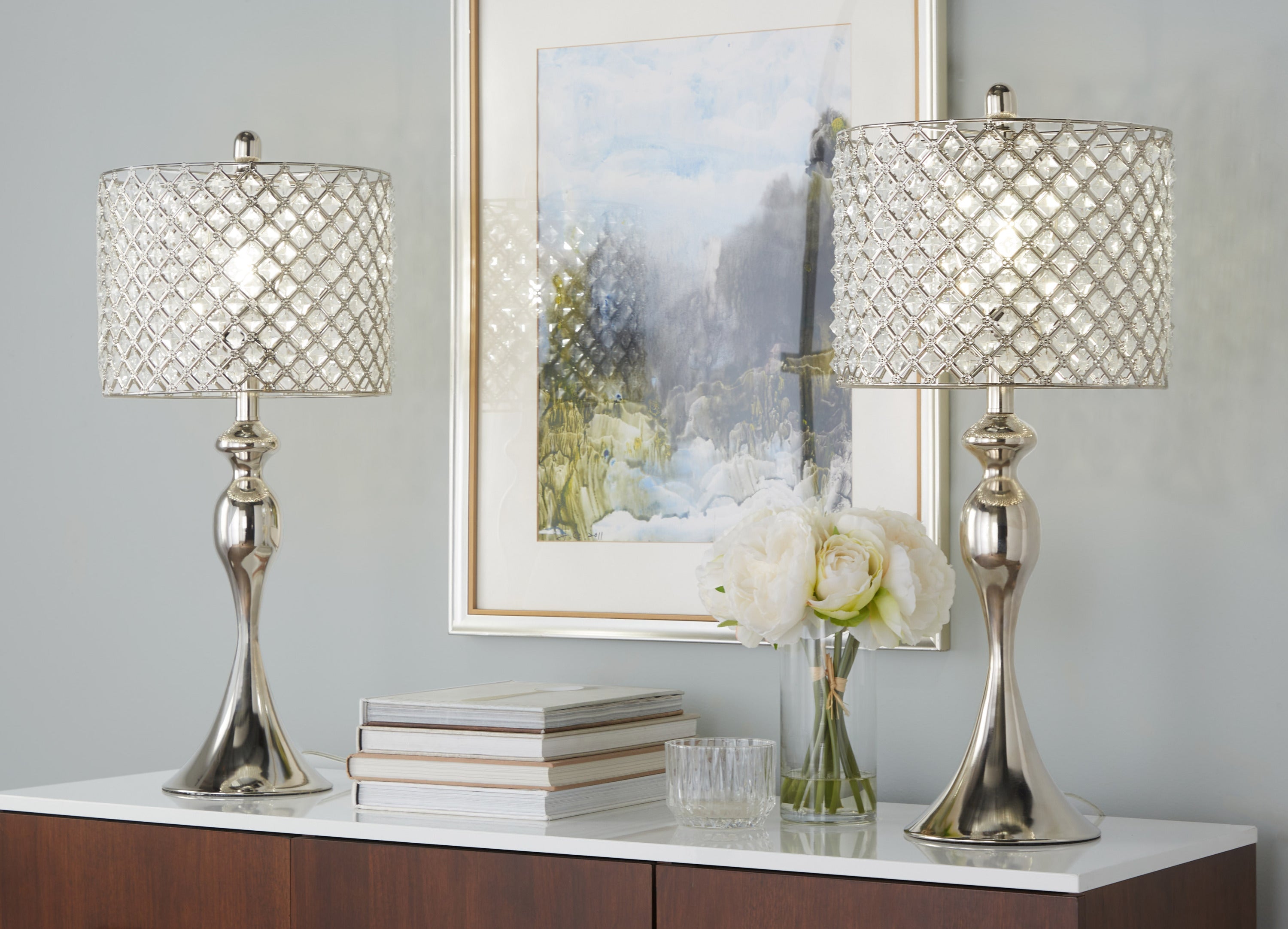 Ashland 27' Contemporary Metal Table Lamp in Polished Nickel with Square Clear K9 Crystal and Polished Nickel Shade from Grandview Gallery by LumiSource - Set of 2