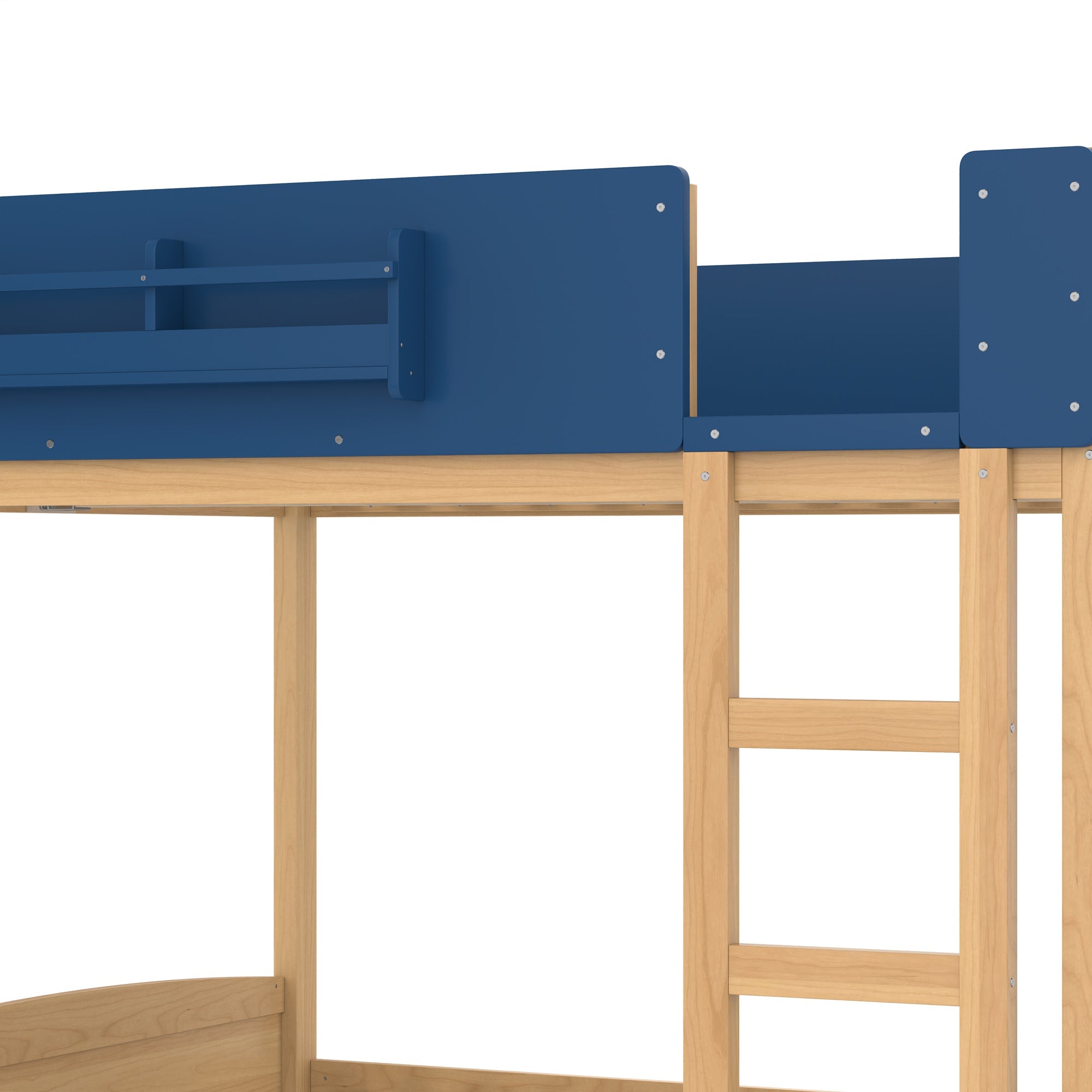 Queen Bunk Bed with Trundle , Wood Bunk Bed Frame with Built-in Bookshelf and High-quality Safety Guardrail,Automobile Form Design for Kids ,Blue＆Natural