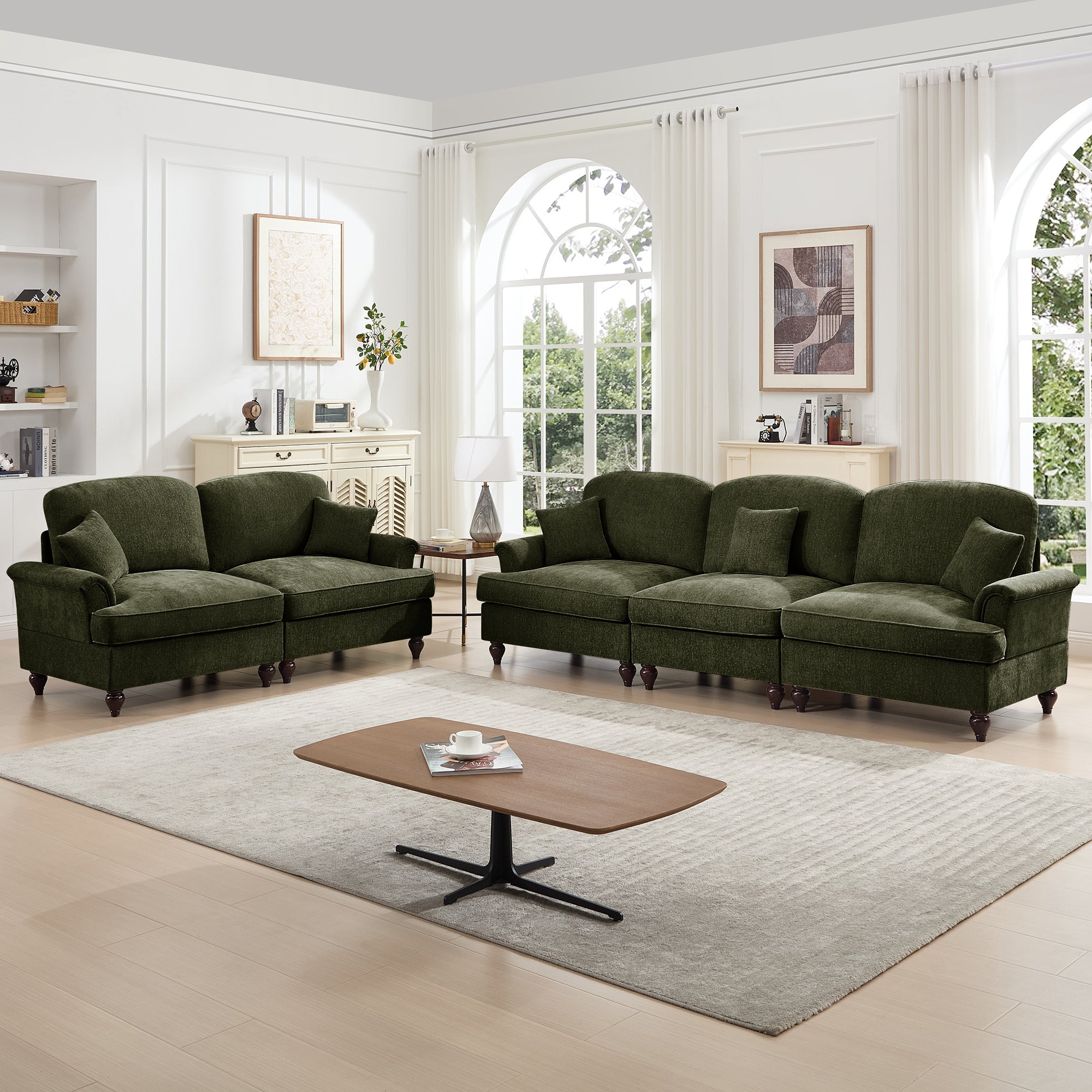 Classic 2 Piece Modular Couch Living Room Sofa Set with Flared Arms and Removable Ruffles Pleats Skirts and Spindle Legs, 3 Seater Sofa + 2-Seat Loveseat Sofa Sets for Living Room,Green