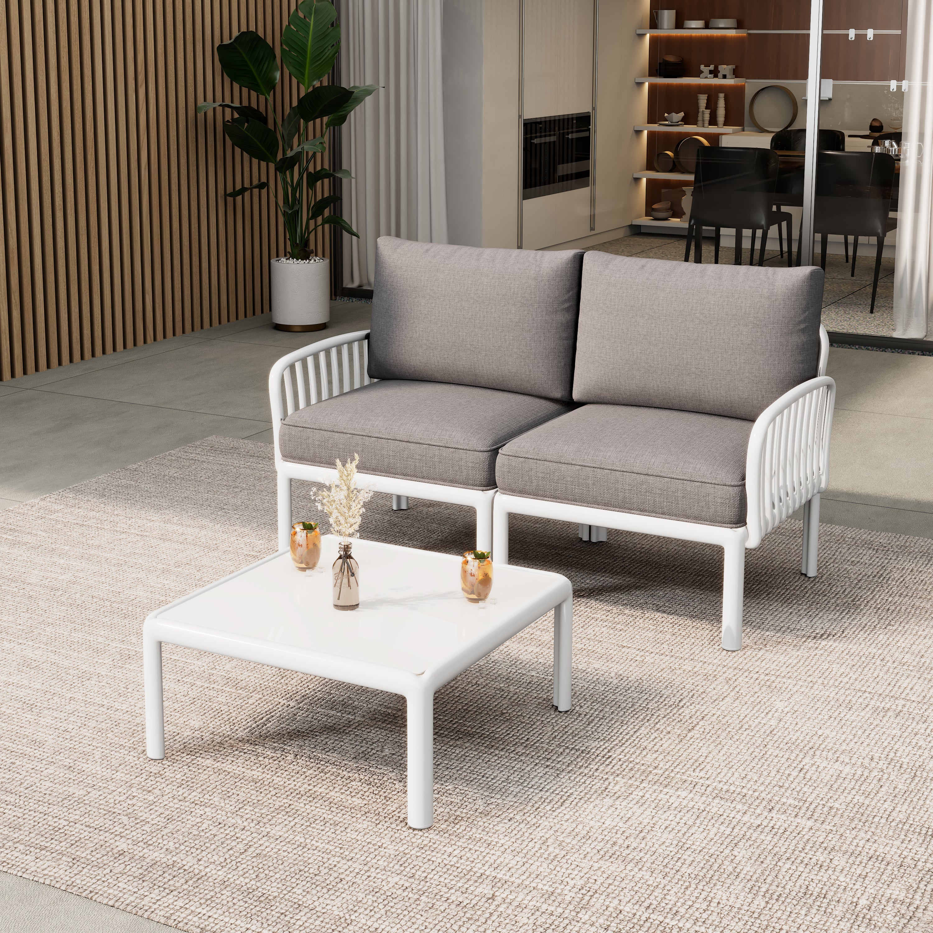 3 Piece Patio Conversation Sets, Modern Outdoor Patio Sectional Furniture Set with Square Coffee Table, Waterproof Thick Cushion Deep Seating for Porch, Balcony, White & Light Gray