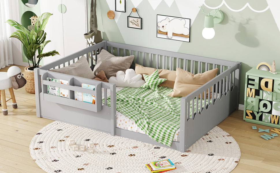 Full Floor bed with Heightened Fence and bookshelf ,Wood Floor Bed for Kids,Gray.