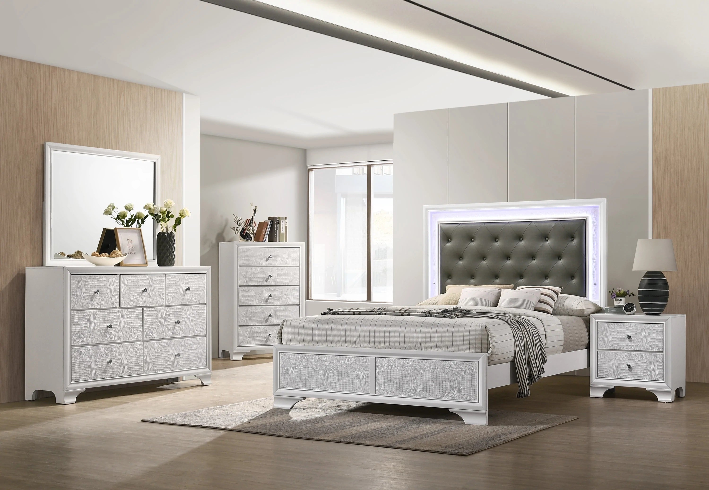 Modern White Crocodile Skin Finish Upholstered 1pc Full Size LED Panel Bed Faux Diamond Tufted Bedroom Furniture