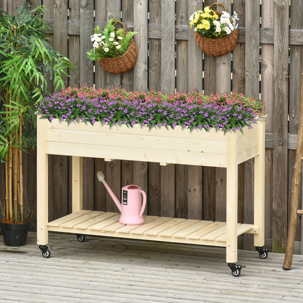 Outsunny Raised Garden Bed with Lockable Wheels and Storage Shelf, Natural Wood, 47 x 22 x 33 Inches