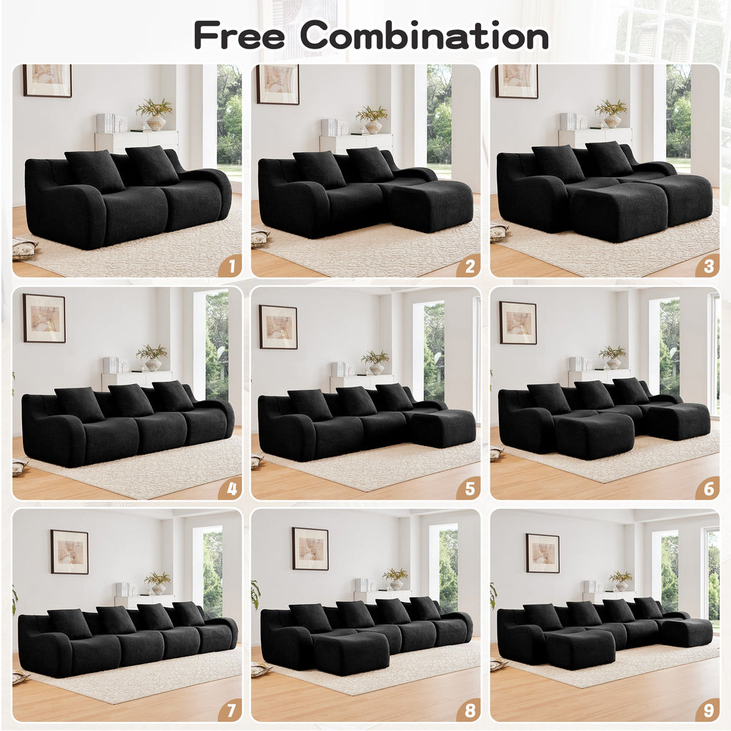 U-Shaped Boneless Sofa,Teddy Fabric No assembly required Curved armrest,Anti-slip Design,Streamlined Design 32D High Density Sponge,Full Compression Vacuum Packag,For Studies living Rooms,Black