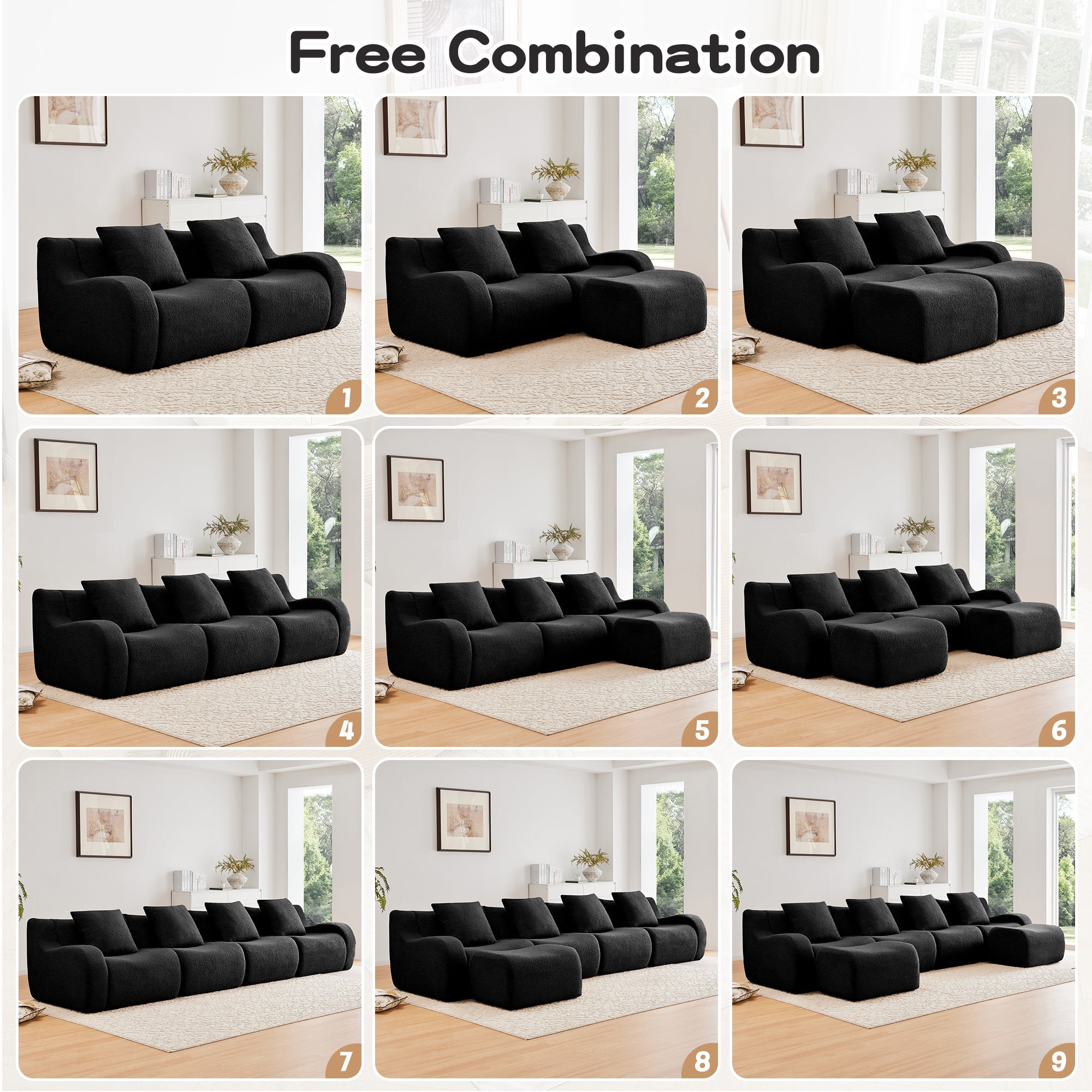 U-Shaped Boneless Sofa,Teddy Fabric No assembly required Curved armrest,Anti-slip Design,Streamlined Design 32D High Density Sponge,Full Compression Vacuum Packag,For Studies living Rooms,Black
