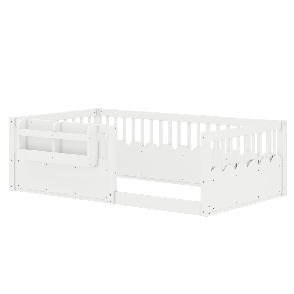 Twin Floor bed with Heightened Fence and bookshelf ,Wood Floor Bed for Kids, White.