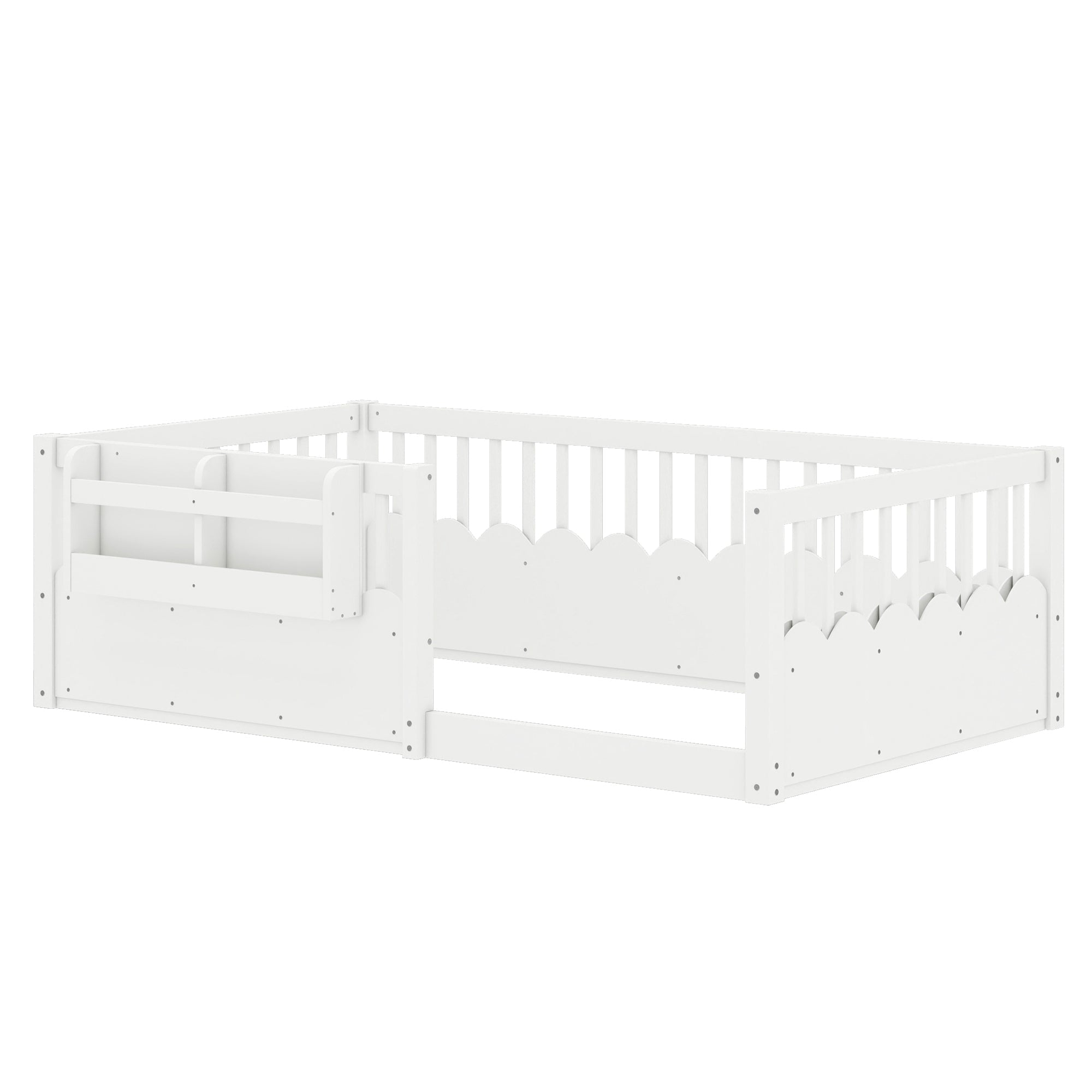 Twin Floor bed with Heightened Fence and bookshelf ,Wood Floor Bed for Kids, White.