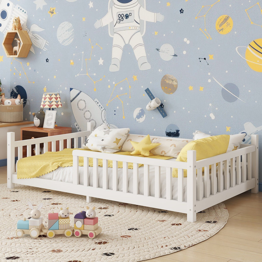 Twin House Bed with Light, Low Floor House Bed with Fence and Roof for Kids Boys Girls,White(Expect arrive date 2025/7/20)