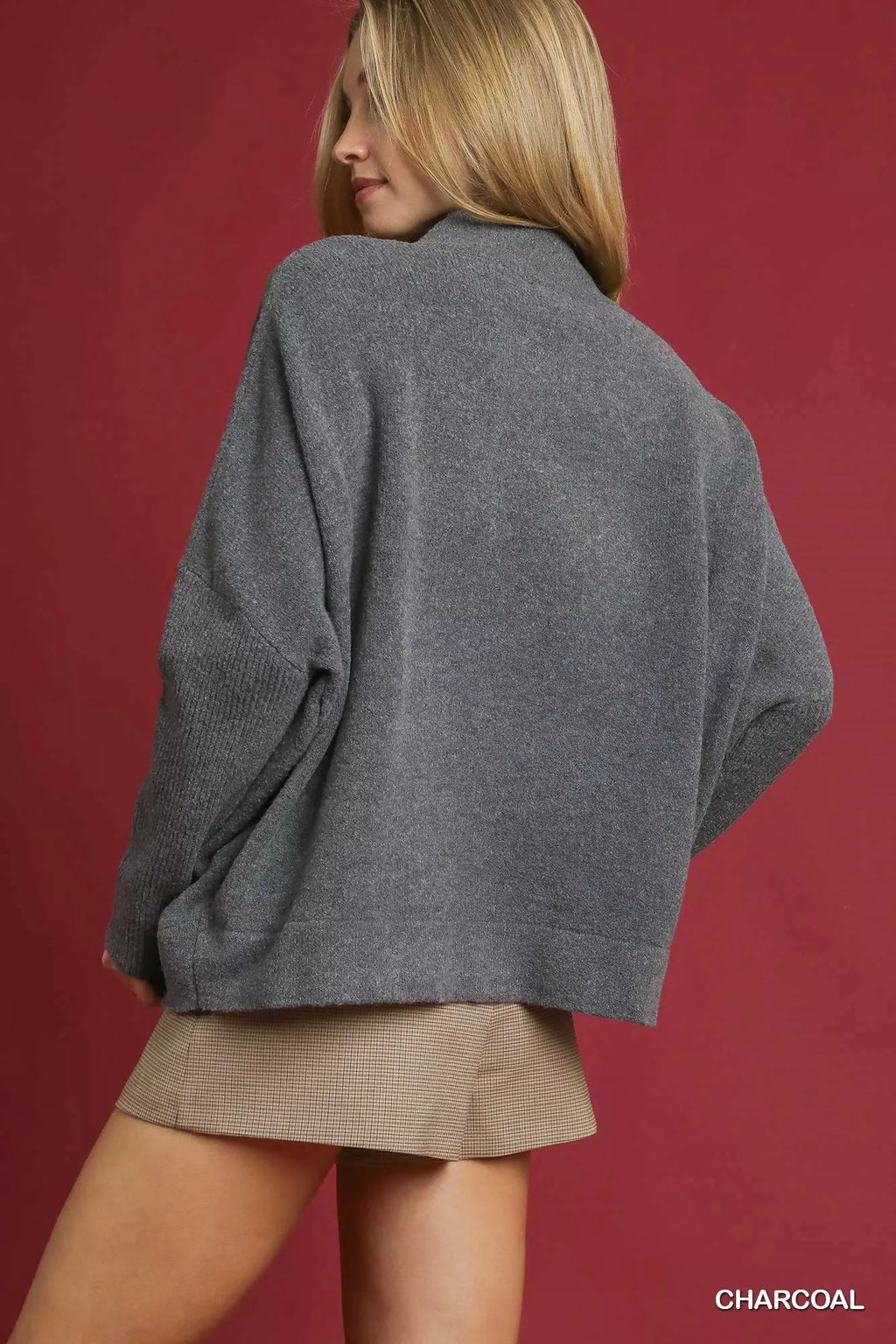 Umgee V-Neck Sweater with Wide Trim Detail