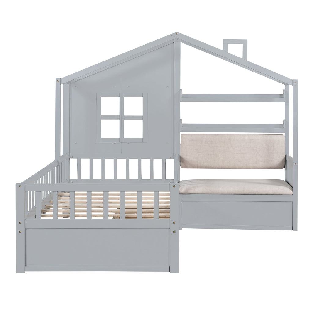 Twin Size House Bed with Sofa, Kids Platform Bed with Two Drawers and Storage Shelf, Gray (Old SKU:HL000065AAE)