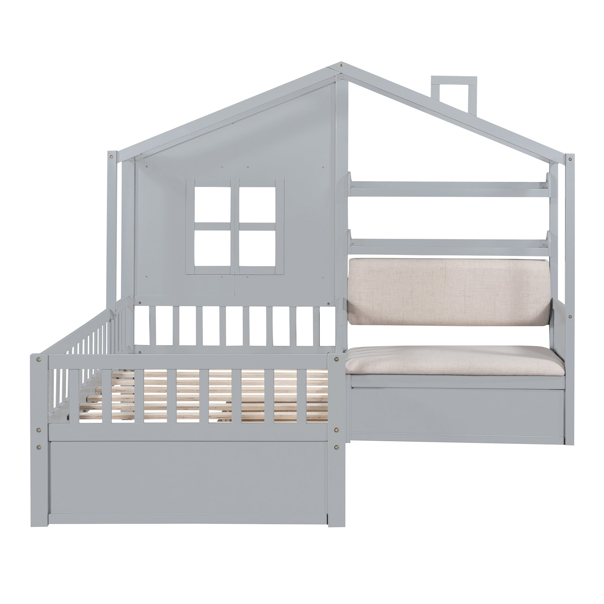 Twin Size House Bed with Sofa, Kids Platform Bed with Two Drawers and Storage Shelf, Gray (Old SKU:HL000065AAE)