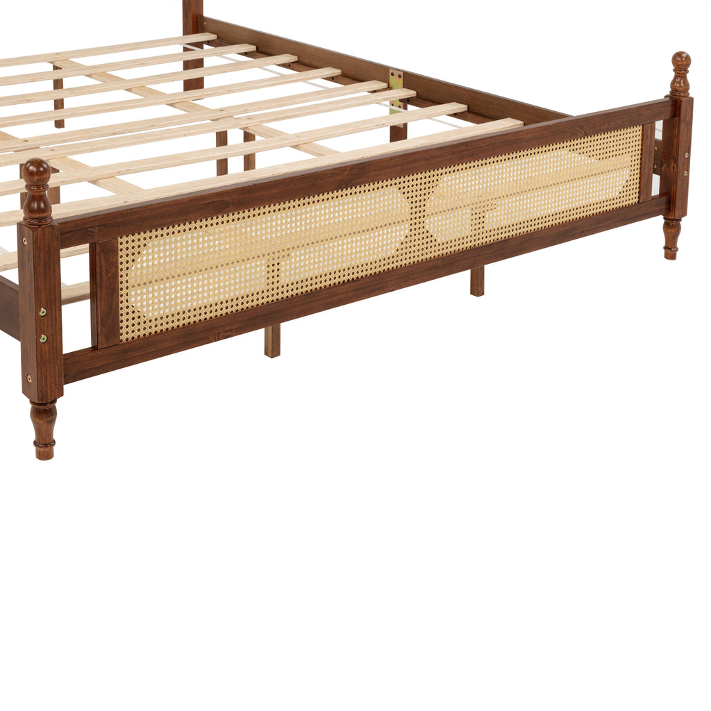 King Pine wooden Bed with Rattan Headboard  and Footboard, with  Central Enhanced Bed Platform,Walnut