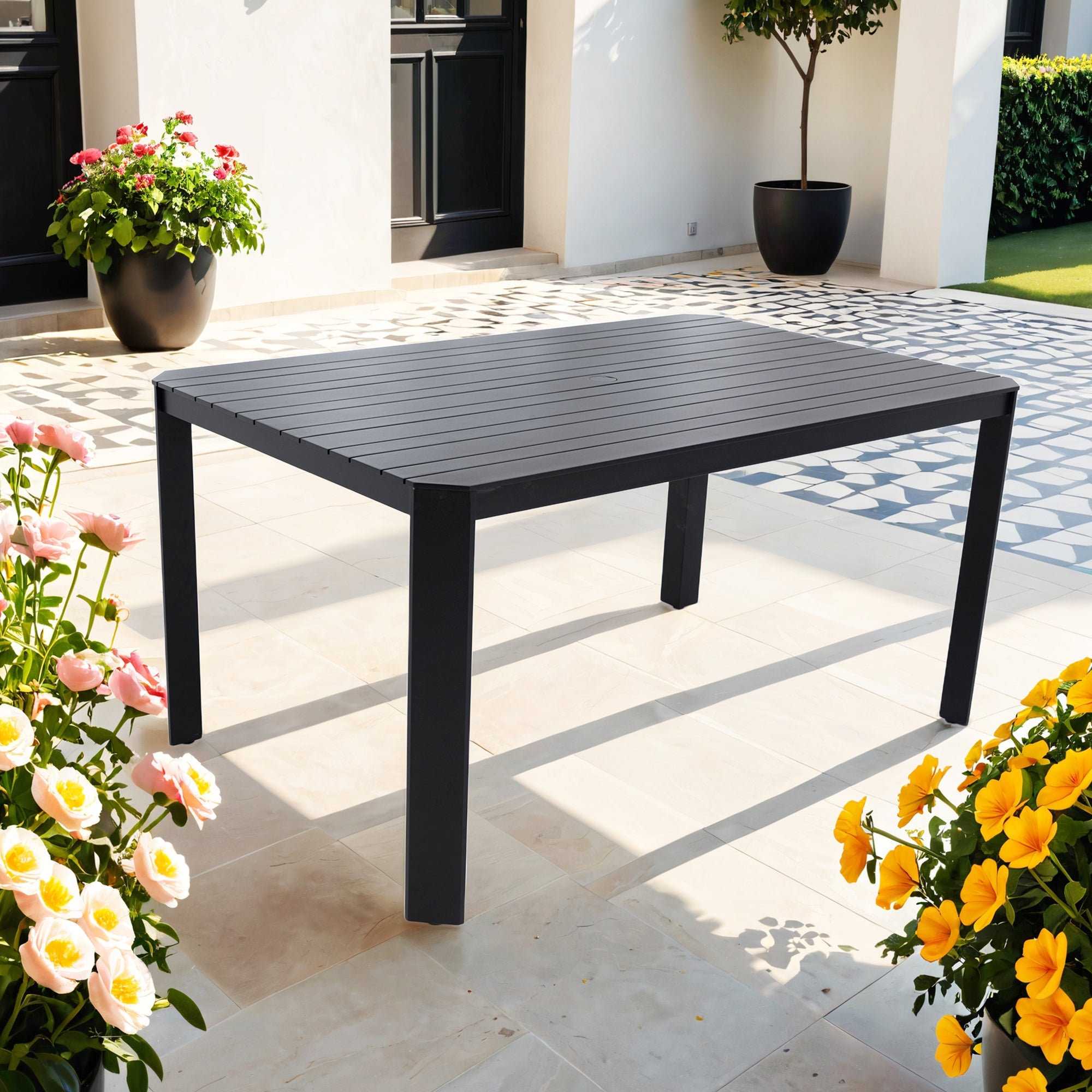 Modern Outdoor Aluminum Table with Alternating Wide and Narrow Slats, Angled Corners, 2' Big Umbrella Hole, and Adjustable Non-Slip Pads, Bourbon Brown
