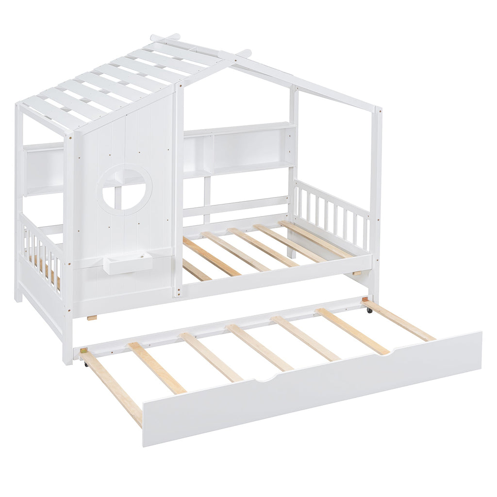 Wooden Twin Size House Bed With Trundle, Modern Design for Kids with Storage Shlef, White(old SKU HL000094AAK)