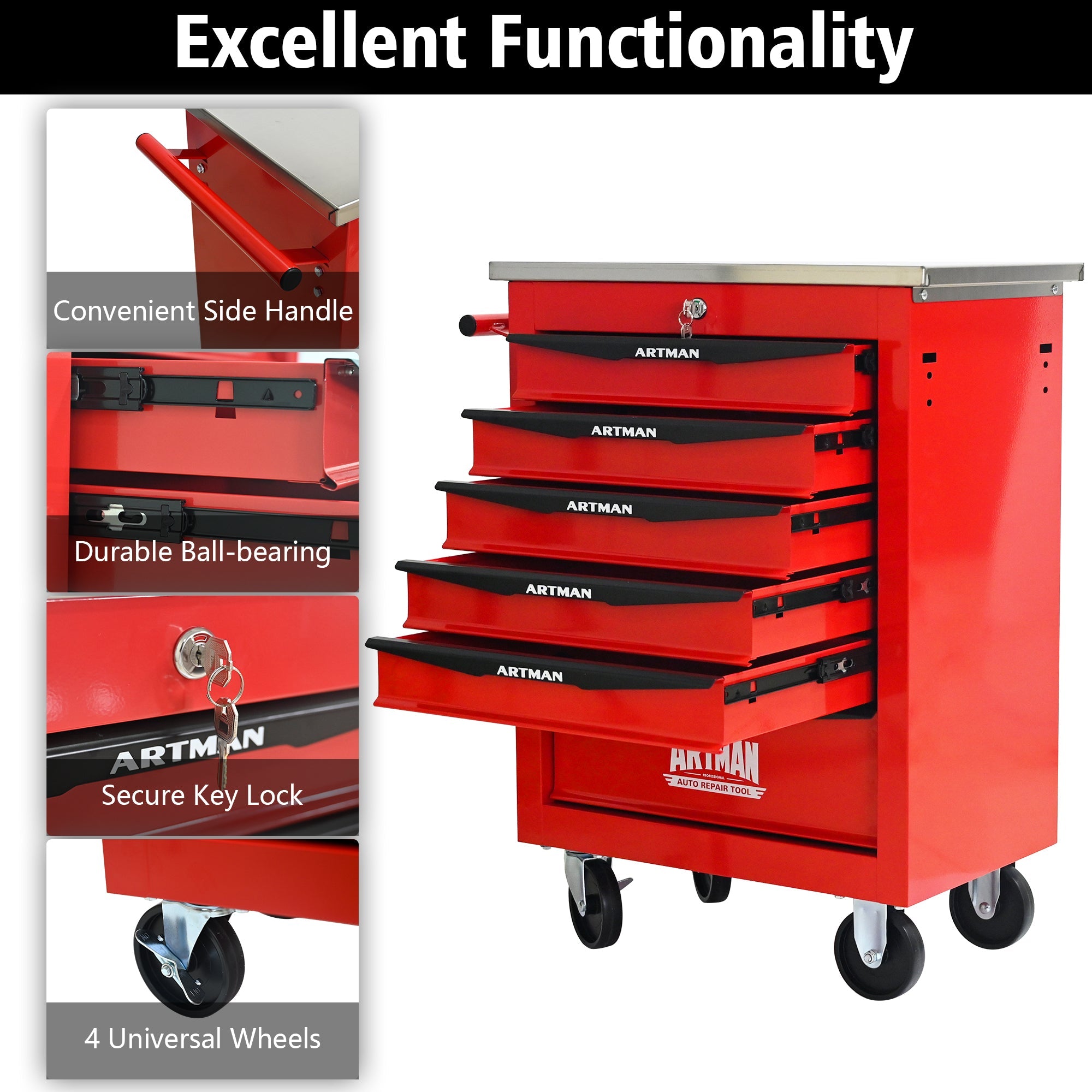 6 Drawers Multifunctional Tool Cart with Wheels,Metal Rolling Tool Cart Storage for Garage Workshop Warehouse Repair Shop--With Stainless Steel Roof- Red&Black