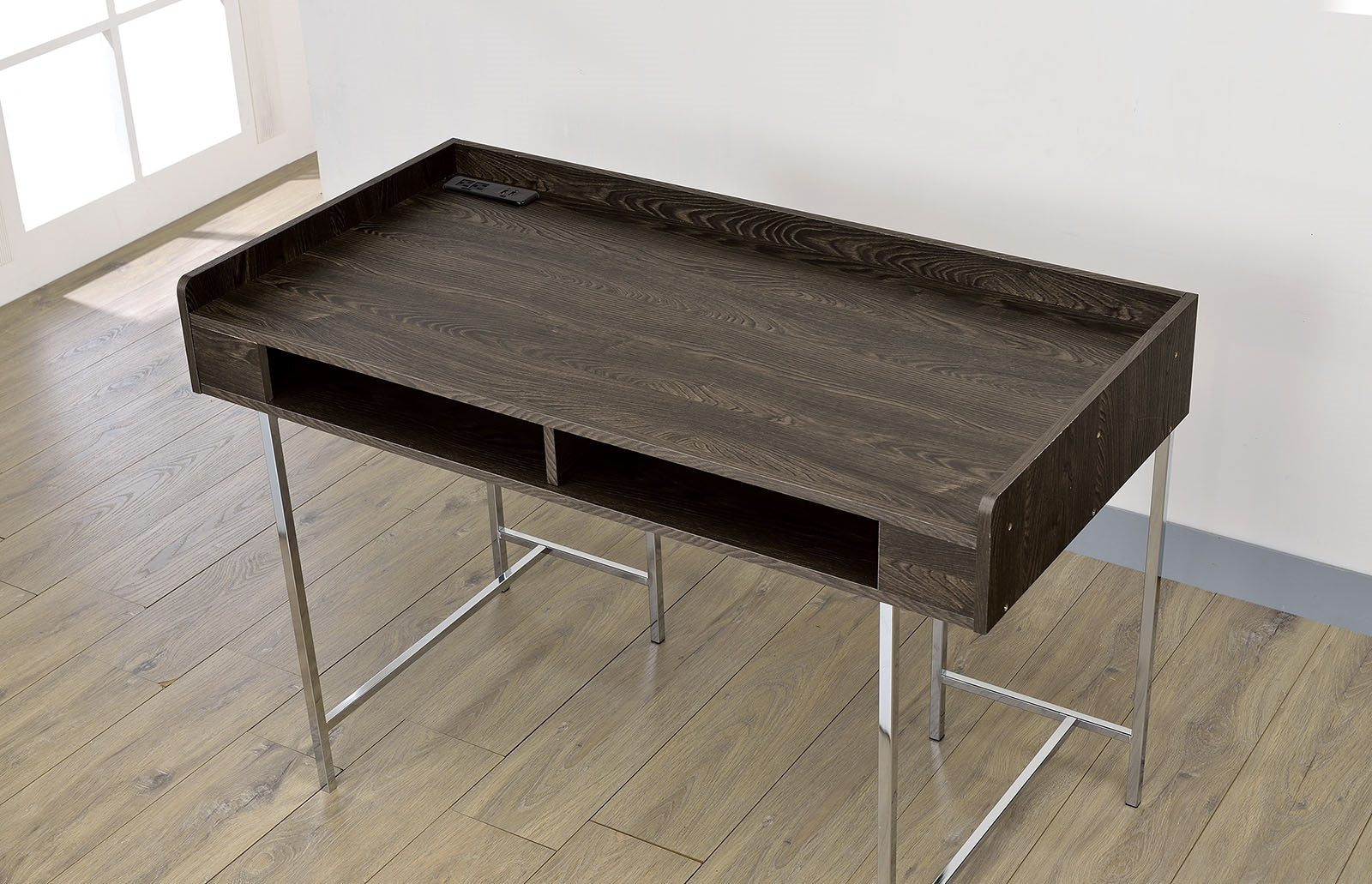 Modern Contemporary USB Supported Computer Desk With Drawer Space Providing Storage, Wood And Steel Construction