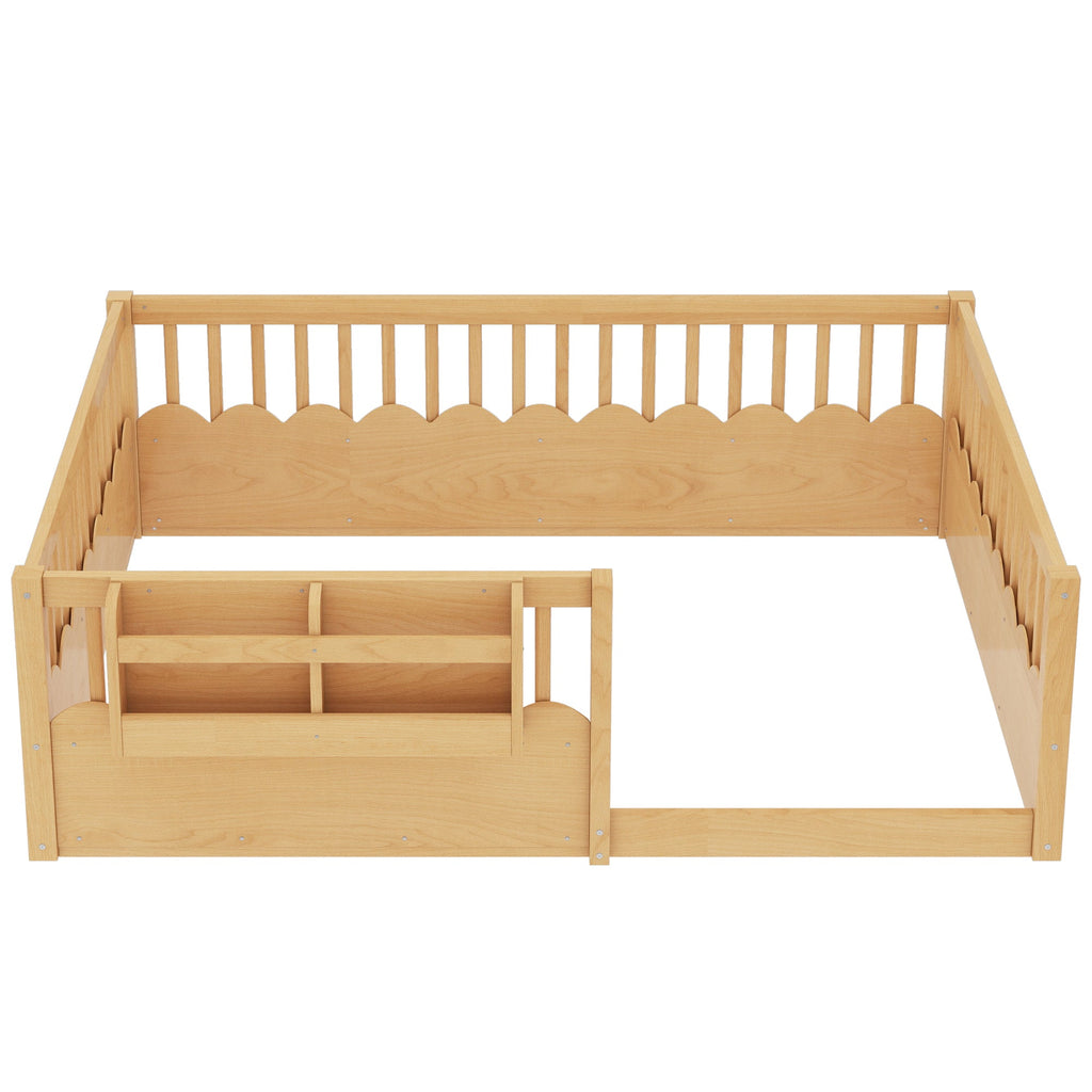Full Floor bed with Heightened Fence and bookshelf ,Wood Floor Bed for Kids,Natural.