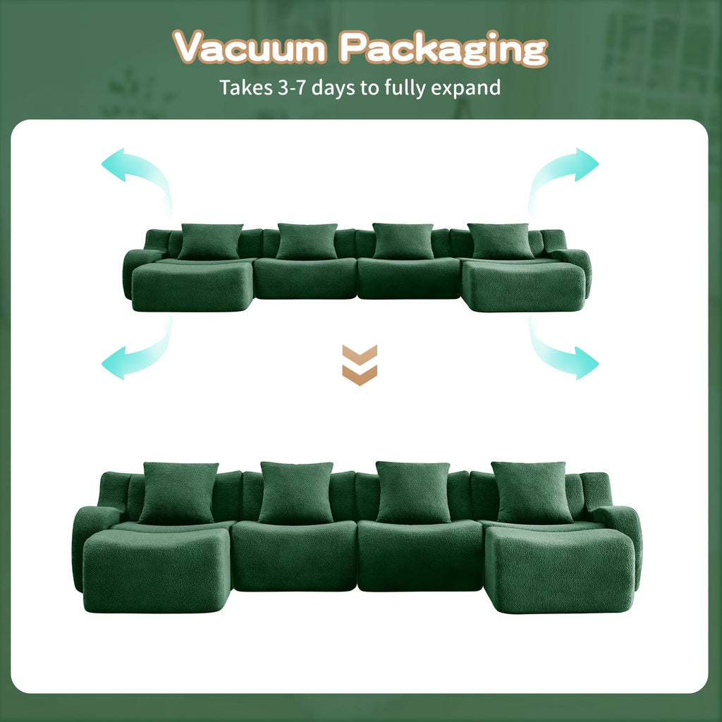 U-Shaped Boneless Sofa,Teddy Fabric No assembly required   Curved armrest,Anti-slip Design,Streamlined Design 32D High Density Sponge,Full Compression Vacuum Packag,For Studies living Rooms,Green