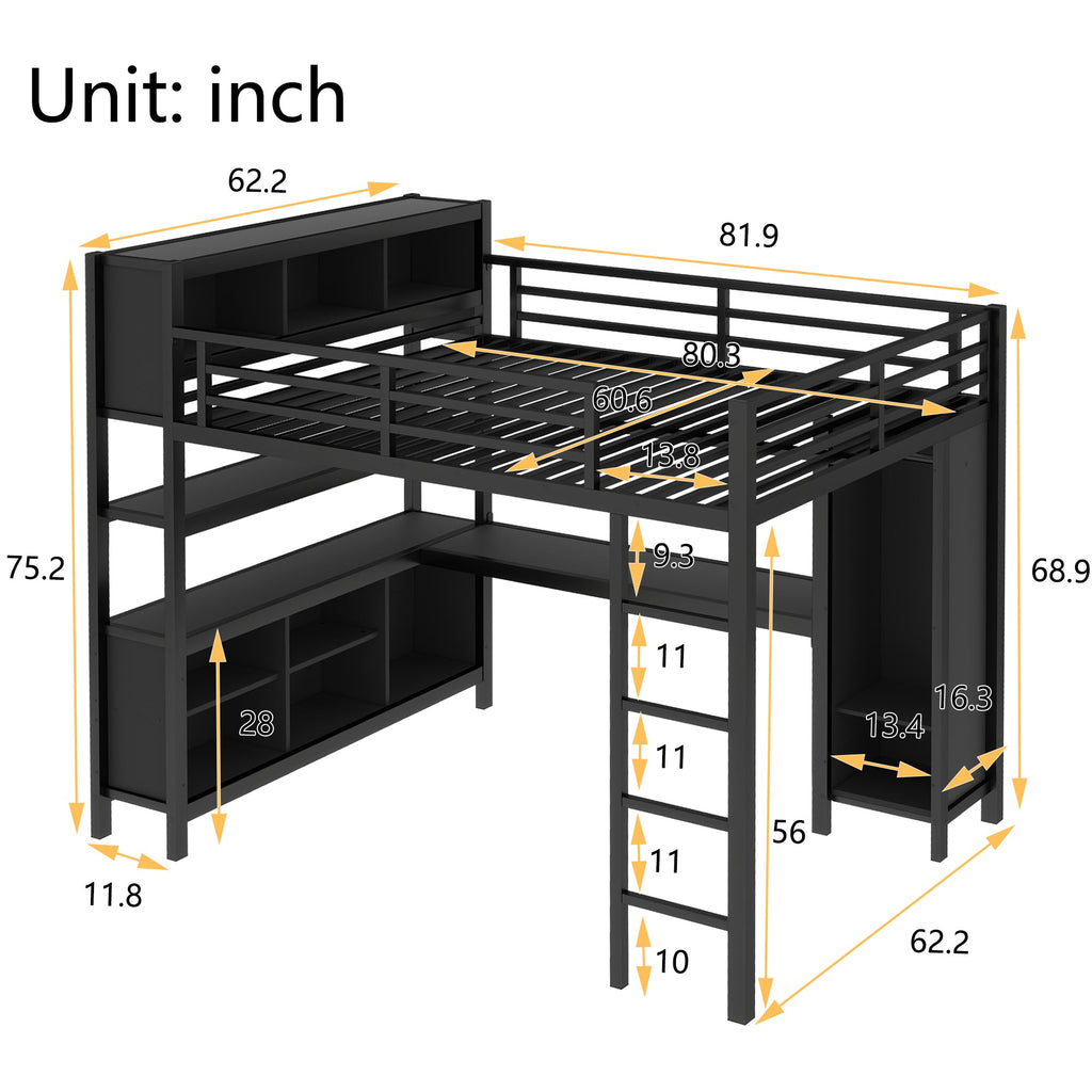 Metal Loft Bed with Wardrobe And L-shaped Desk, Queen Size Loft Bed with Storage Cubes and Shelves, Heavy Duty Loft Bed for Kids Teens Adults, Black