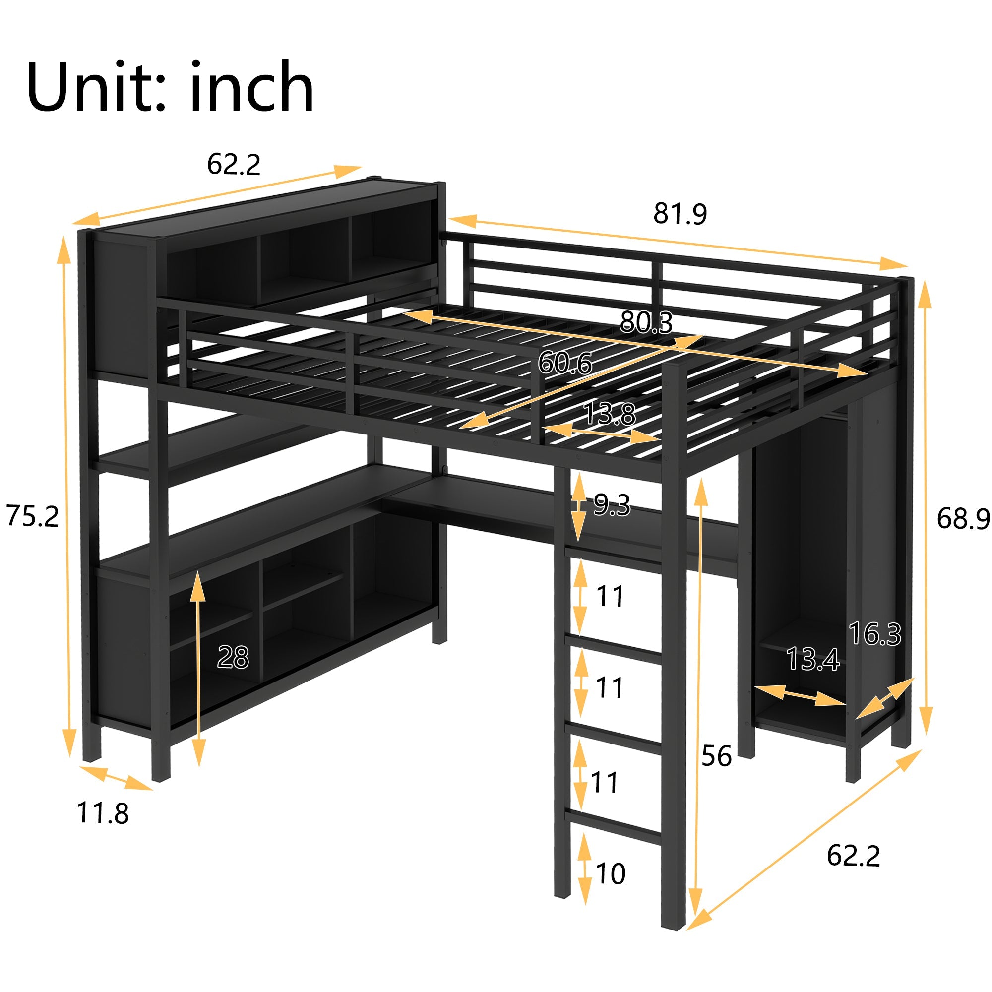 Metal Loft Bed with Wardrobe And L-shaped Desk, Queen Size Loft Bed with Storage Cubes and Shelves, Heavy Duty Loft Bed for Kids Teens Adults, Black