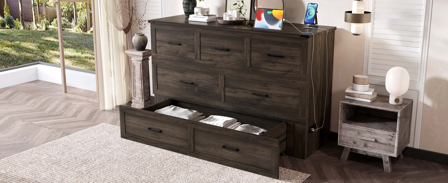 Murphy Bed Cabinet Queen Size with Charging Station, Multi-Functional Foldable Platform Bed with 1 Large Storage Drawer for Guest Room, Small Bedroom, Rustic Gray