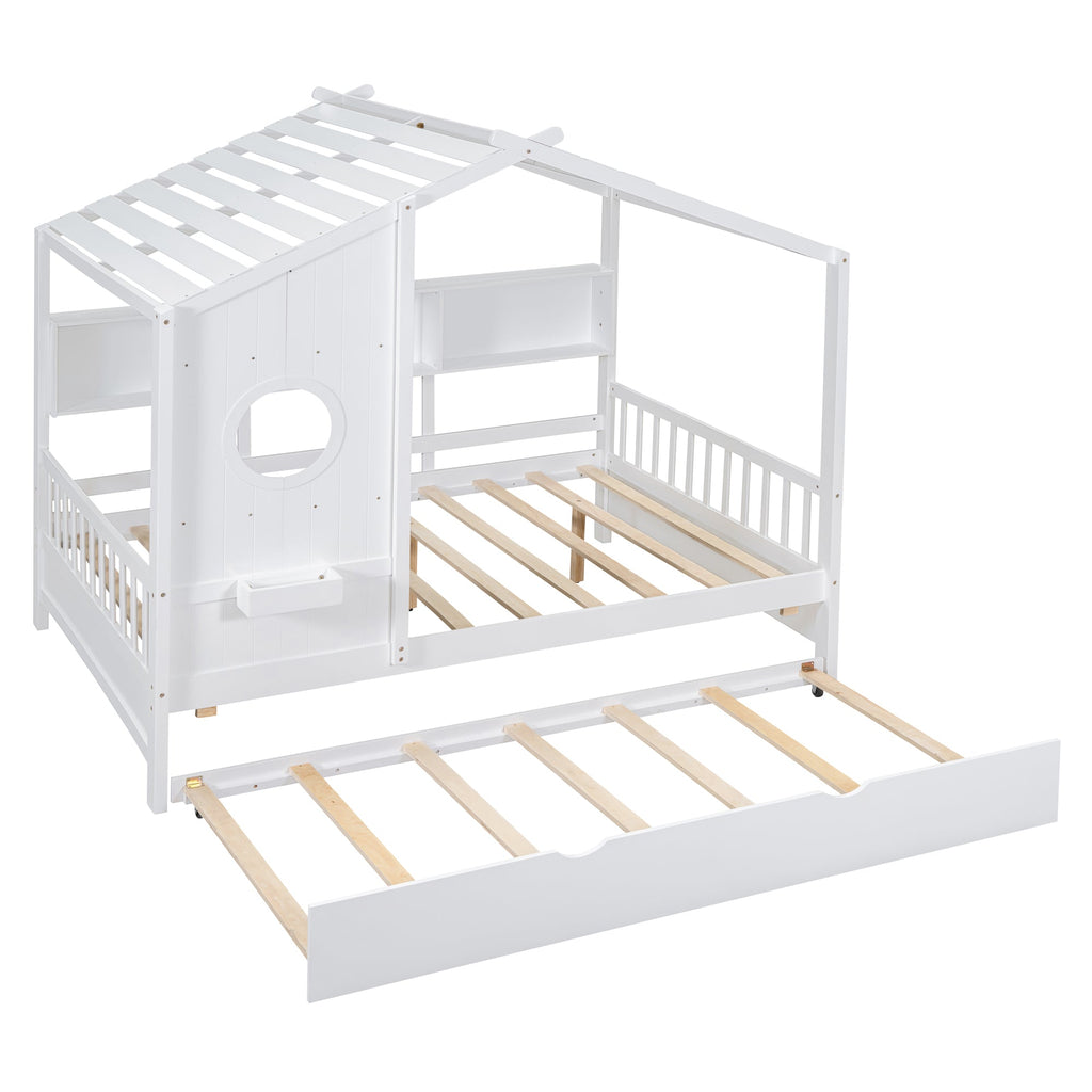 Wooden Full Size House Bed With Trundle, Modern Design for Kids with Storage Shlef, White(old SKU HL000095AAW)