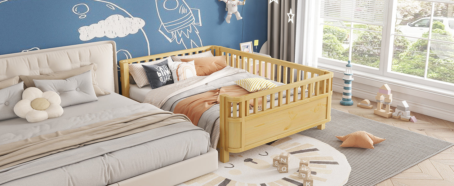 Full Size Wood Platform Bed for Kids, Wood Low Profile Full Bed with Rails for Girls and Boys, Natural (Patented Design, Old SKU W2593P233781)