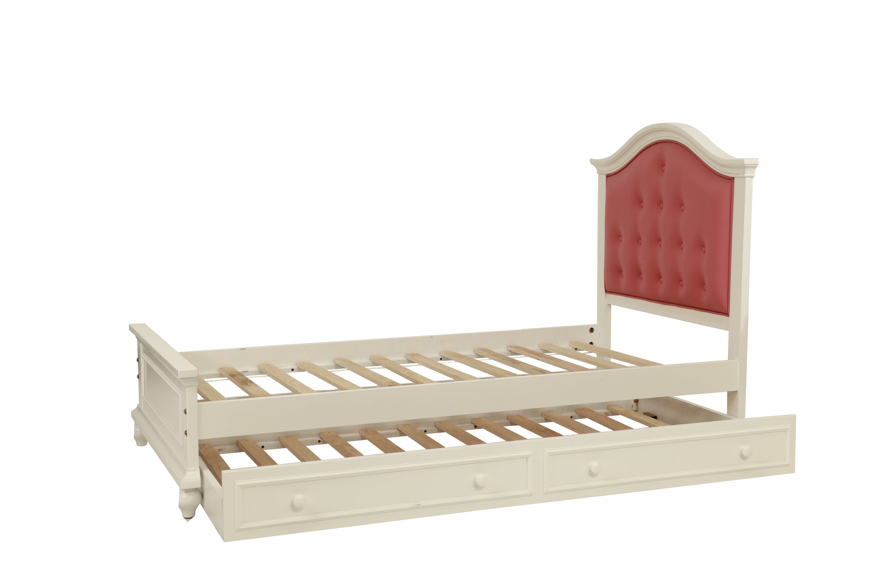 Contemporary Style Twin Size Bed w/ Trundle Slats Pine Plywood Kids Youth Bedroom Furniture Pink Faux Leather Tufted HB