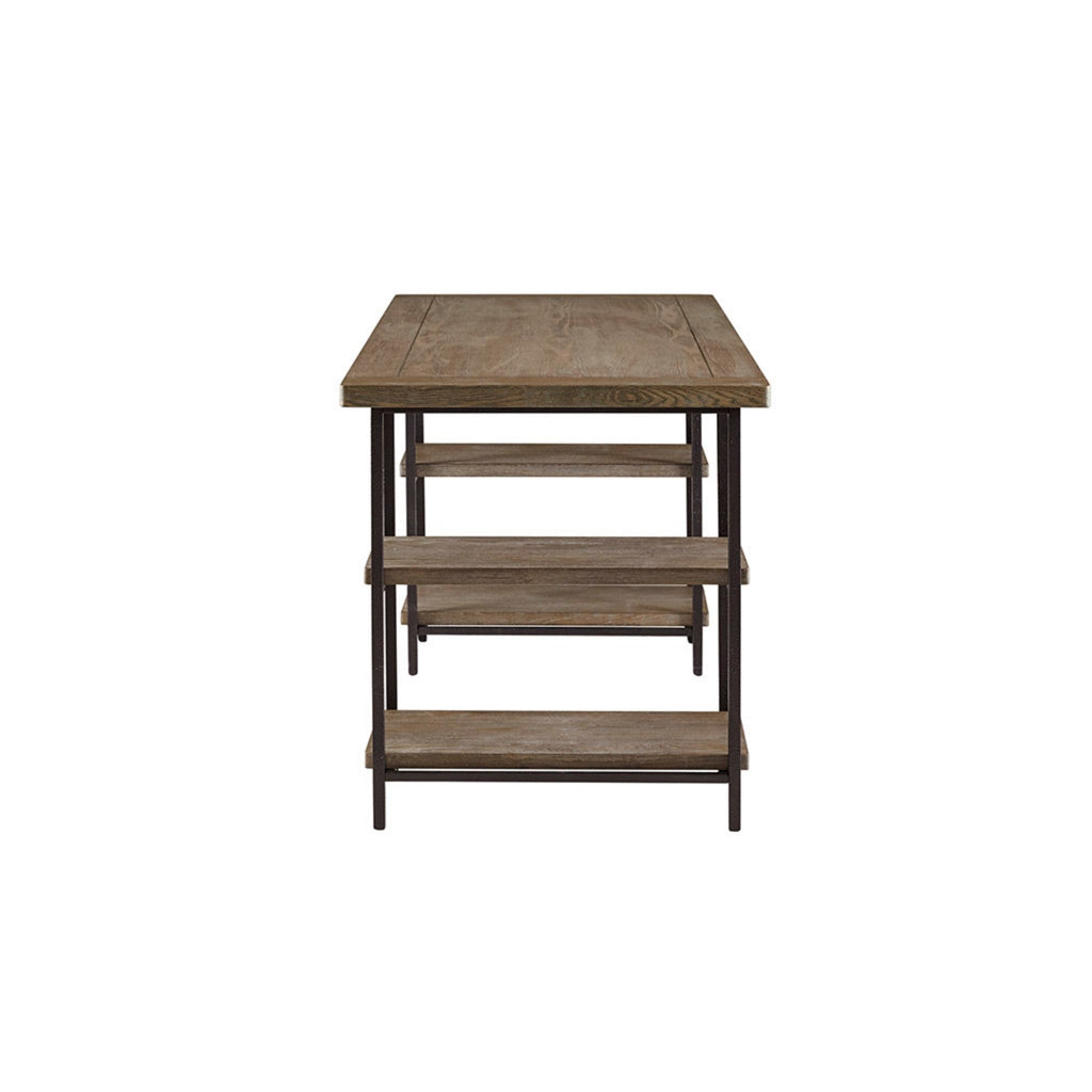Industrial Style Metal Frame Accent Desk with Side Shelving in Reclaimed Grey Wood Finish