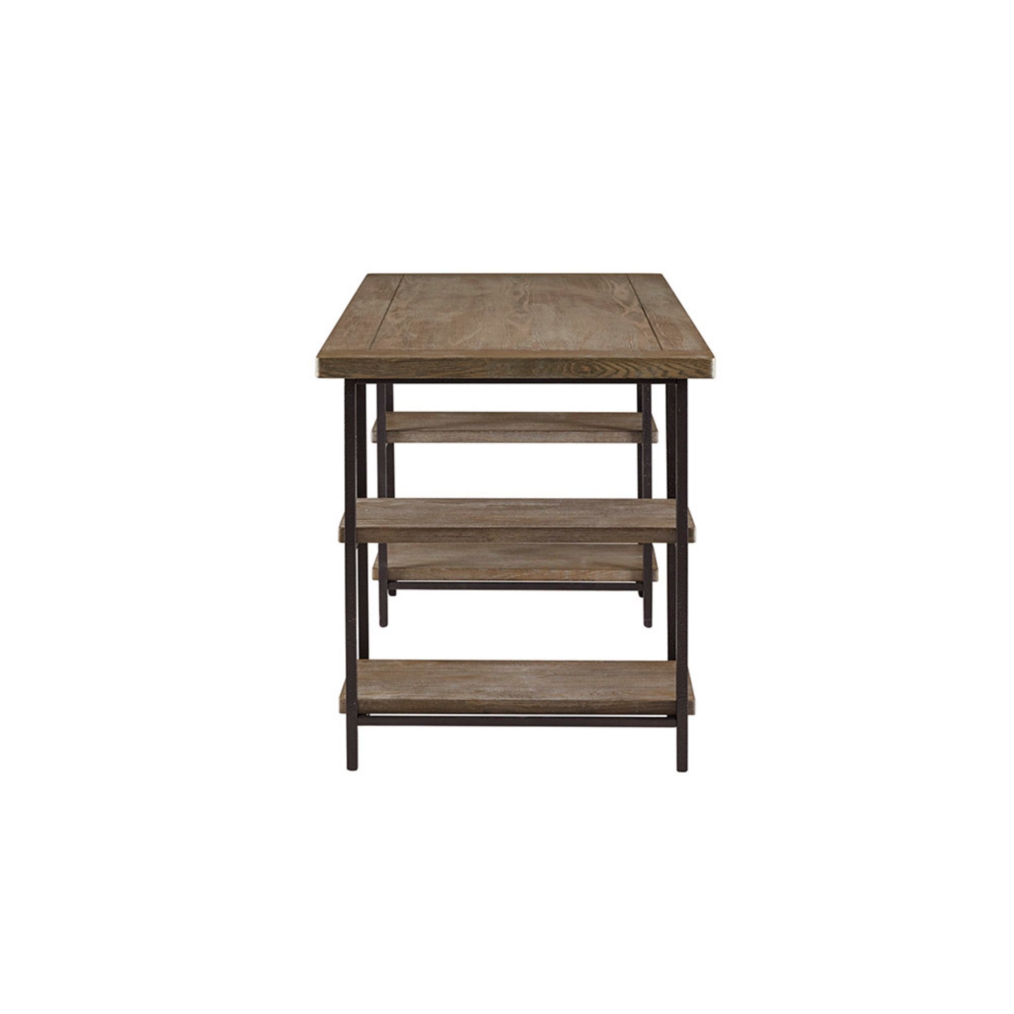 Industrial Style Metal Frame Accent Desk with Side Shelving in Reclaimed Grey Wood Finish