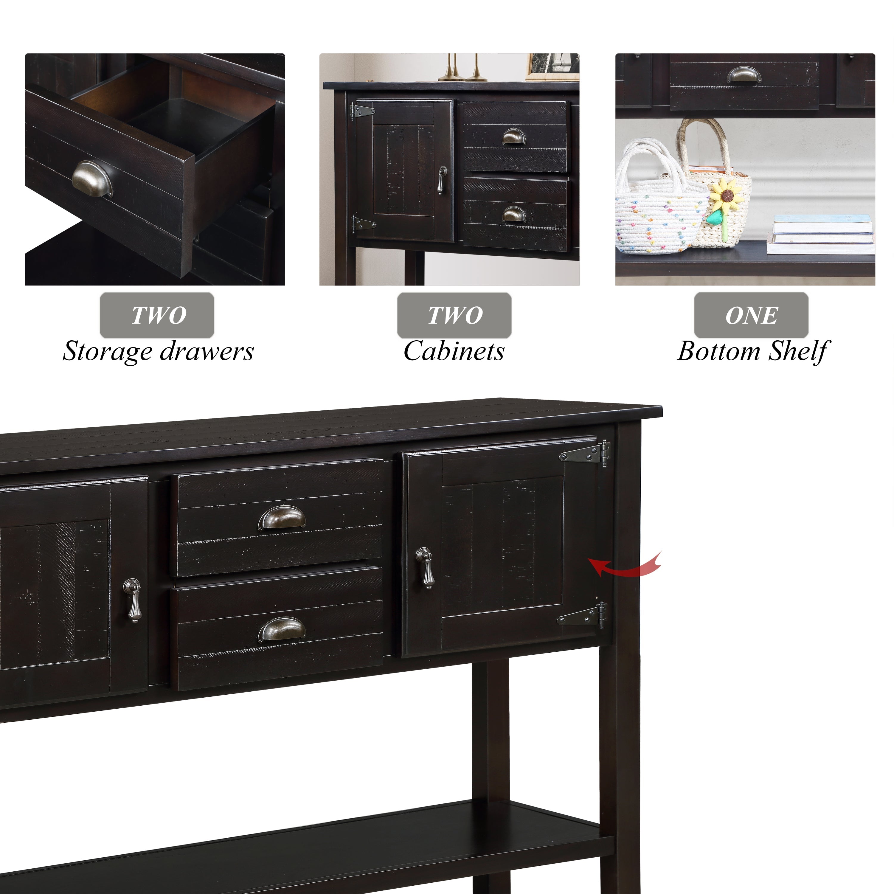 48'' Solid Wood Sideboard Console Table with 2 Drawers and Cabinets and Bottom Shelf, Retro Style Storage Dining Buffet Server Cabinet for Living Room Kitchen Dining Room (Espresso