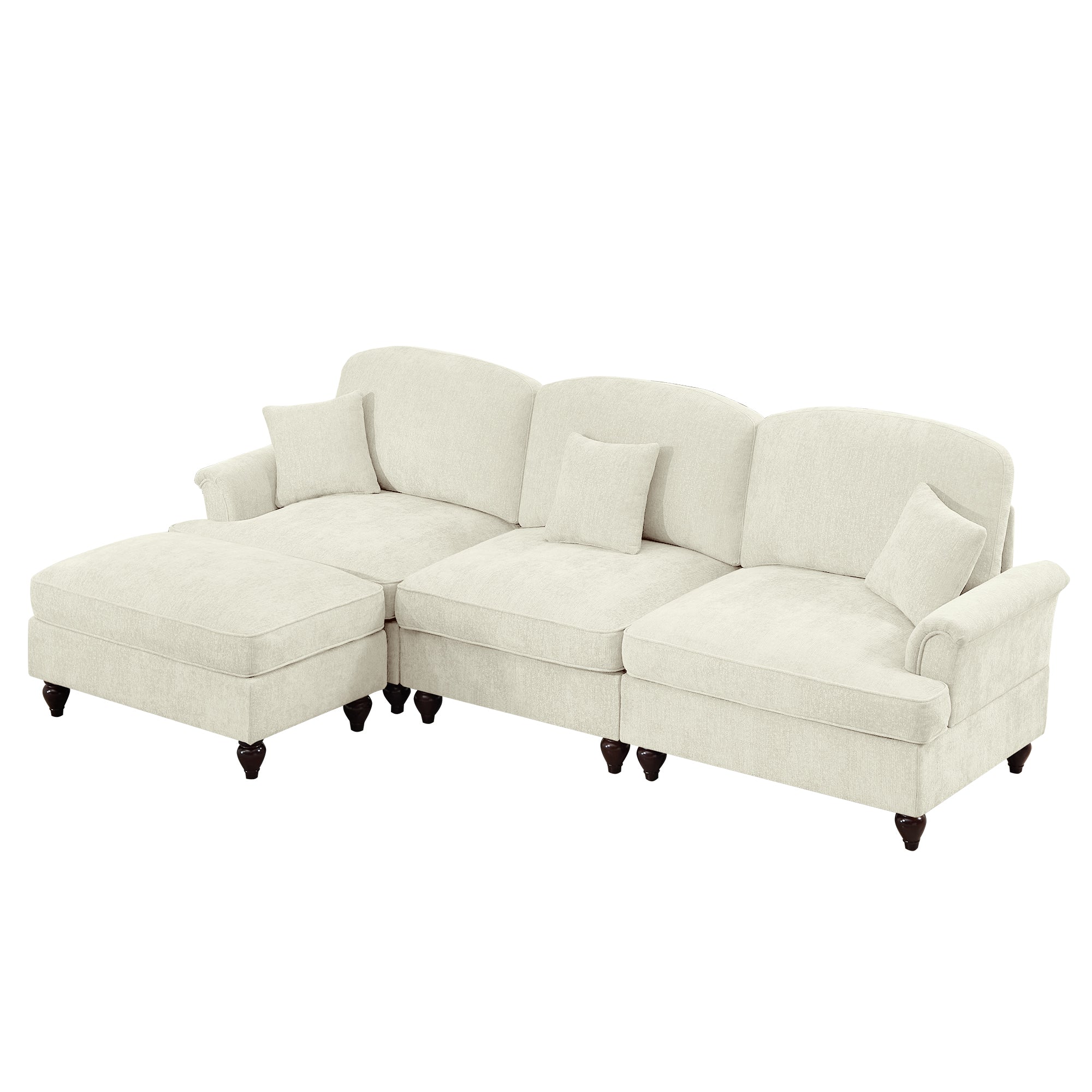 Mid Century Three Seater Modular L Shaped Sectional Couch with Flared Arms and Removable Ruffles Pleats Skirts and Spindle Legs, Comfy Chenille 3-Seat Deep Seat Sofa with Movable Ottoman, Beige White