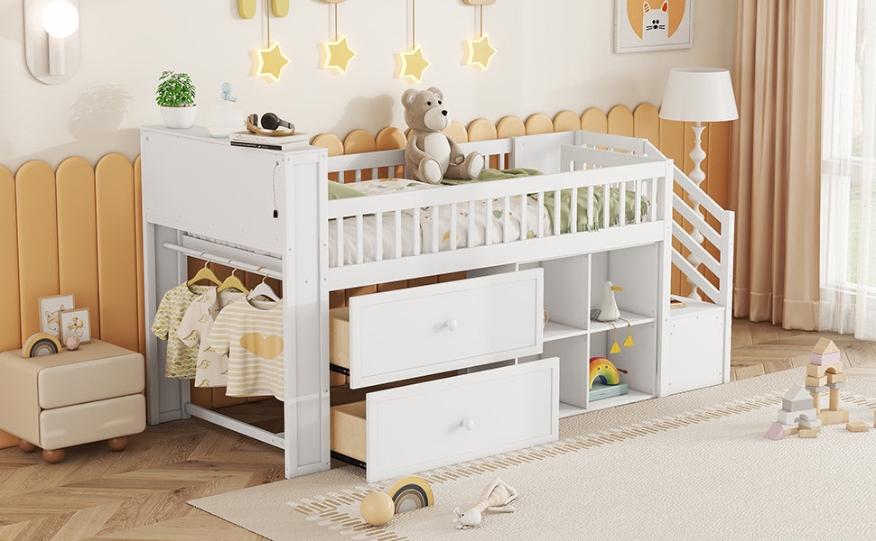 Twin Size Loft Bed with LED and Bookshelf, Wood Low Loft Bed with Stairs, Kids Twin Loft Bed with Storage Drawers and Shelves,White (Expect Arrival Date 2025/1/20)