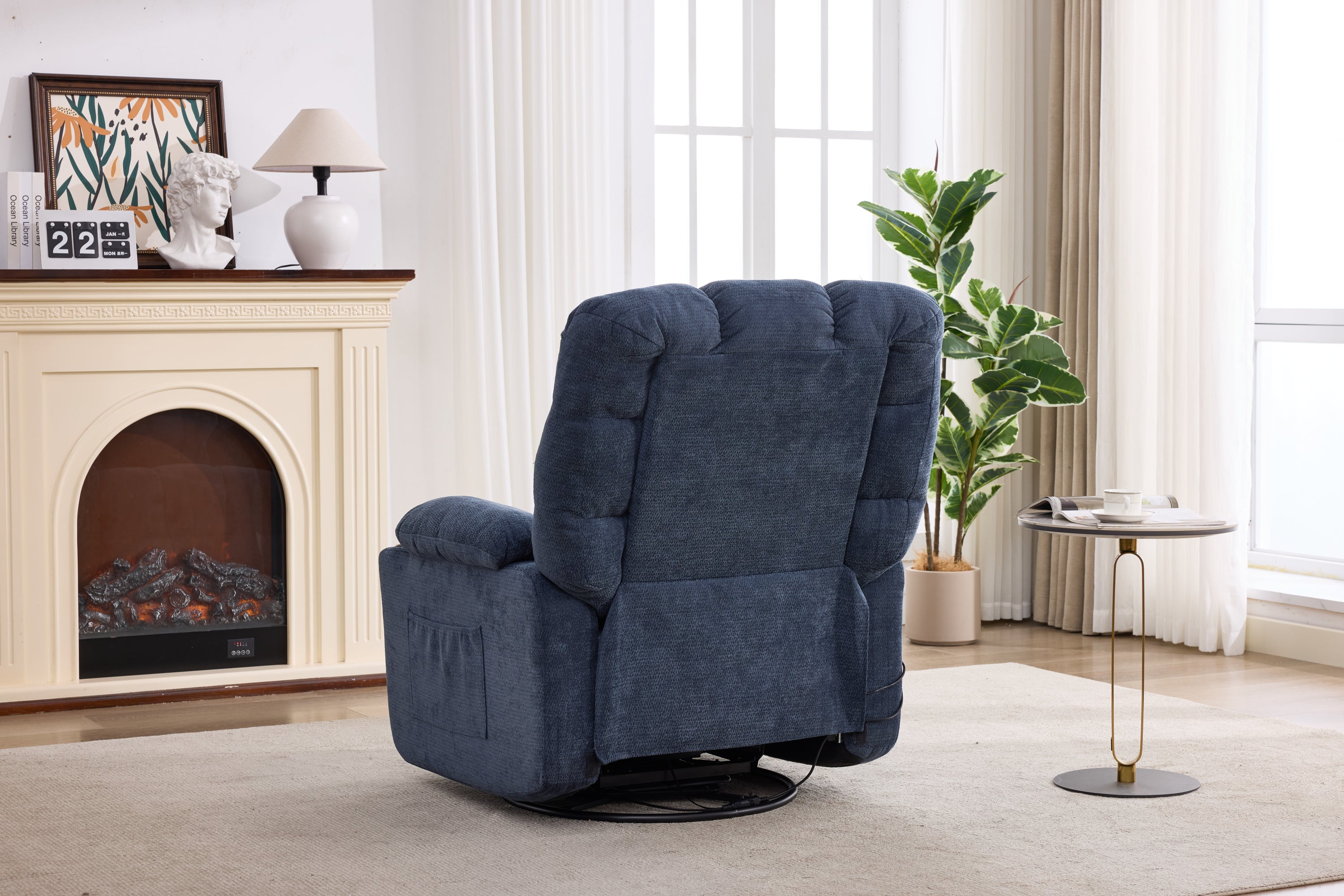 Heat Massage Manual Recliner Chair with Rocker and Swivel in Fabric for Living Room, Blue