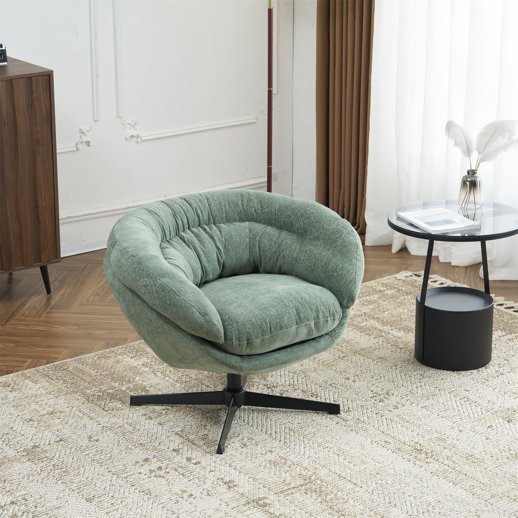 Modern Chenille Office Chair, 360° Swivel Club Chair/Accent Chair with Removable Cushion, Round Office Chair, Black Metal Base, Cotton Material, Living Room, Bedroom, Reading Corner, Office (Green)