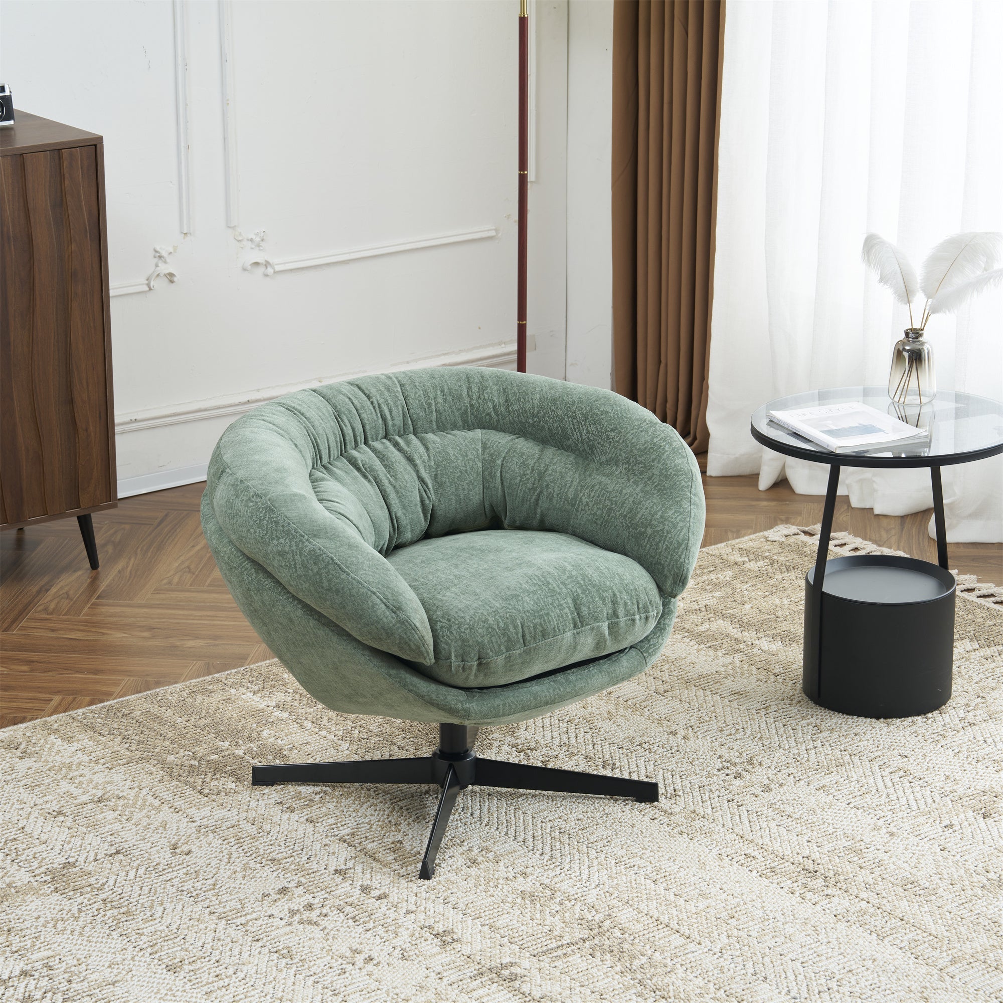 Modern Chenille Office Chair, 360° Swivel Club Chair/Accent Chair with Removable Cushion, Round Office Chair, Black Metal Base, Cotton Material, Living Room, Bedroom, Reading Corner, Office (Green)