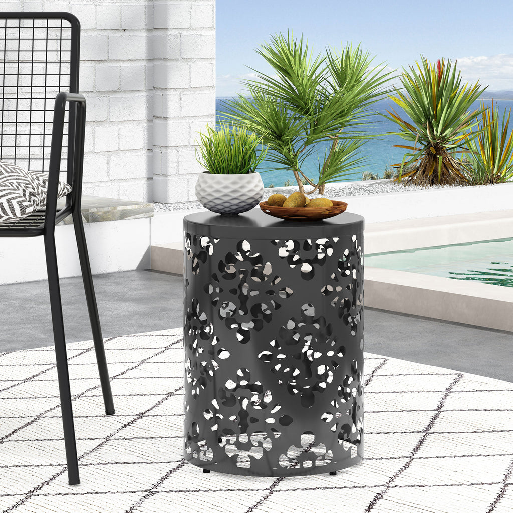 Modern Cylindrical Outdoor Metal End Table with Floral Iron Cut Design, Black, 13.78 x 13.78 x 17.91 inches