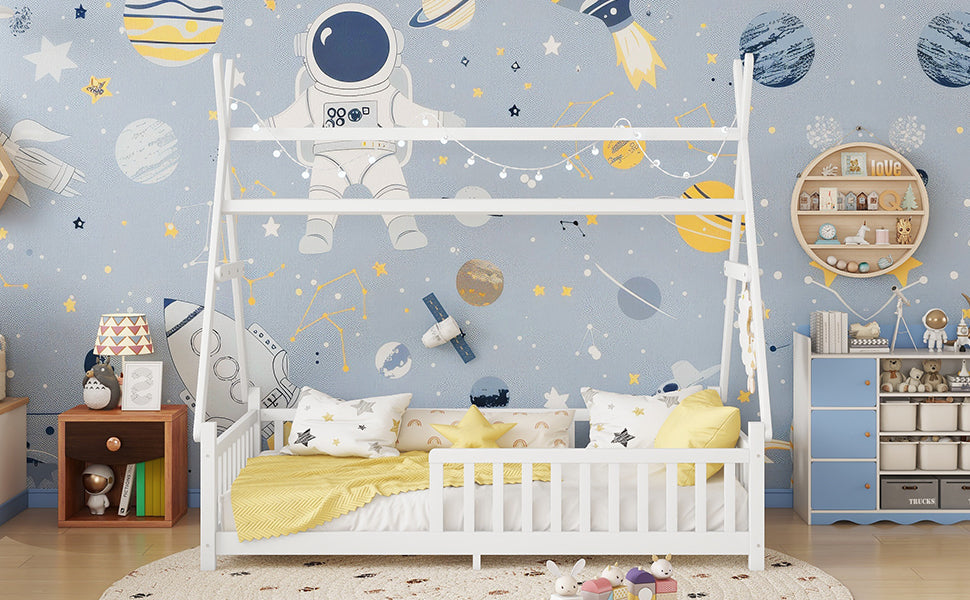 Twin House Bed with Light, Low Floor House Bed with Fence and Roof for Kids Boys Girls,White(Expect arrive date 2025/7/20)