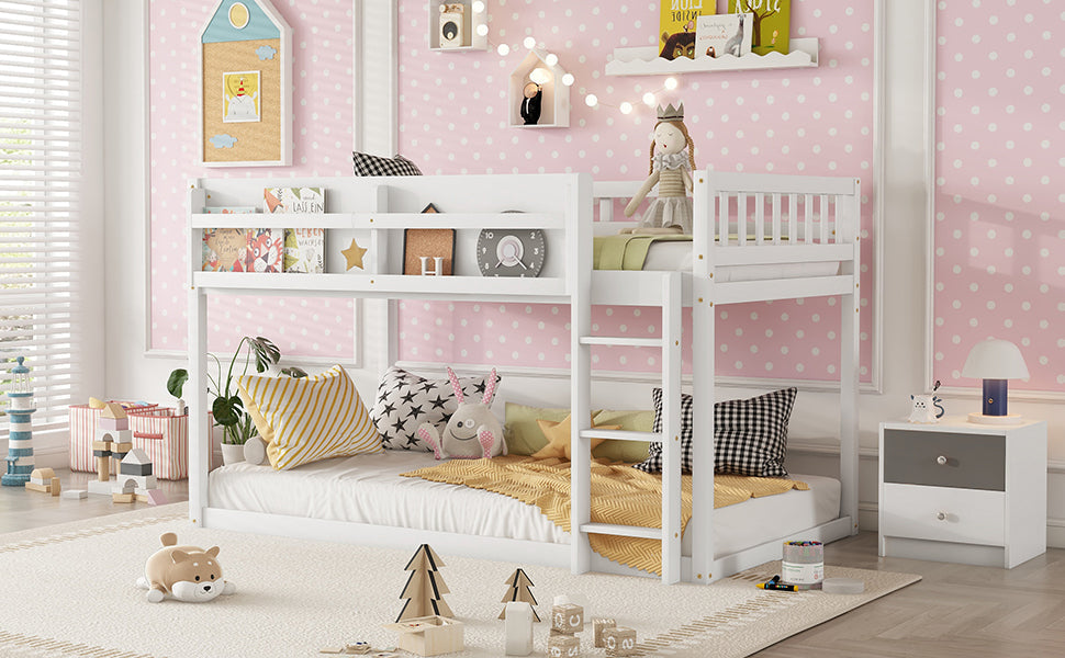 Low Twin Over Twin Bunk Bed, Floor Bunk Bed with Ladder, Solid Wood Twin Bunk Bed for Kids & Juniors, White(Expect Arrival Date 2025/11/25)