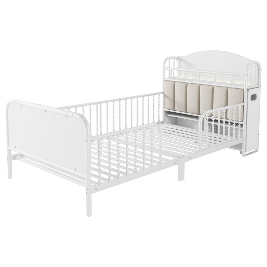 Twin Size Metal Platform Bed Frame with Light, Kids Twin Metal Bed with Upholstered and Pull Out Storage Shelves, White (Expect Arrival Date 2025/10/5)