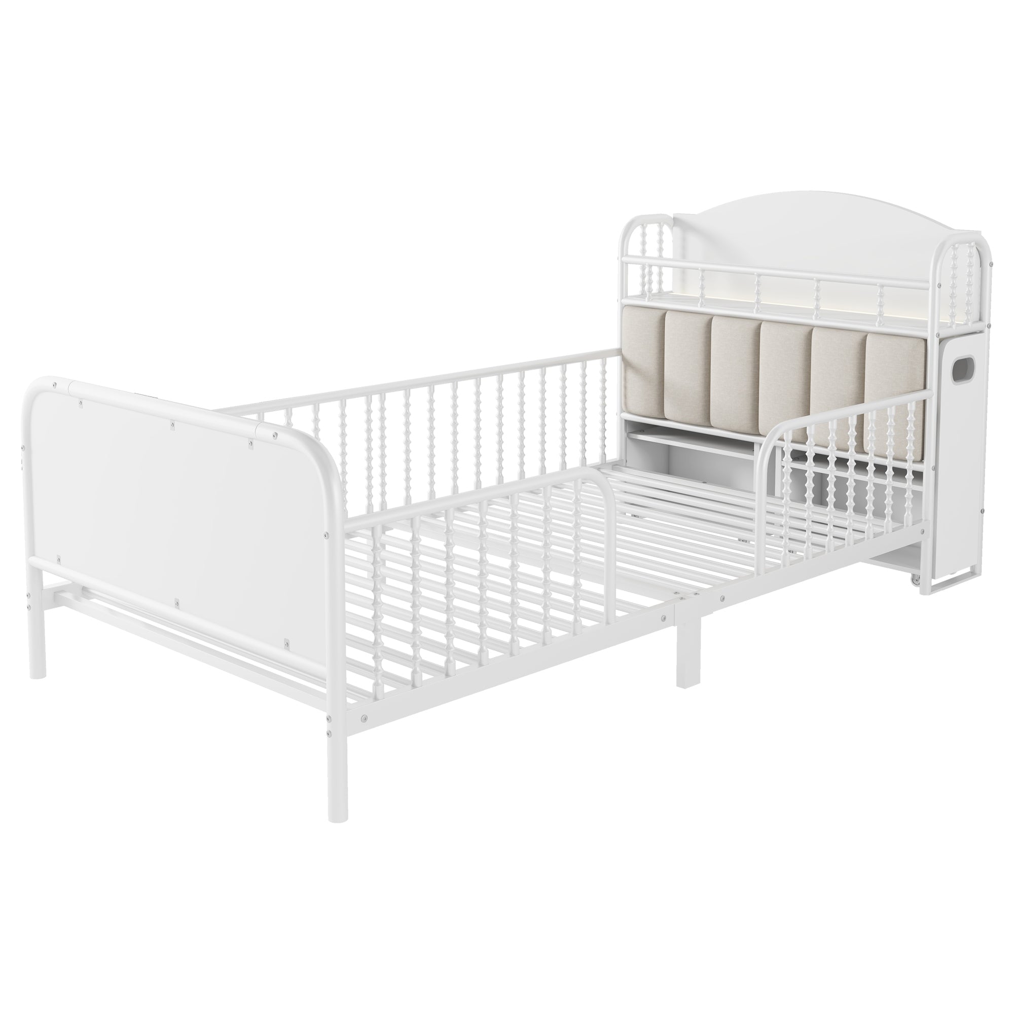 Twin Size Metal Platform Bed Frame with Light, Kids Twin Metal Bed with Upholstered and Pull Out Storage Shelves, White (Expect Arrival Date 2025/10/5)